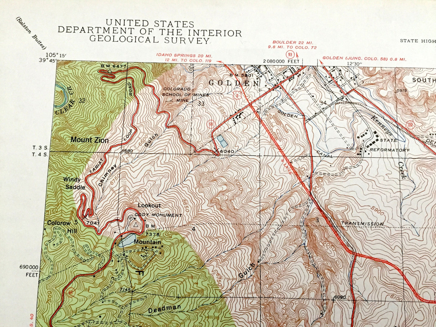 Antique Morrison, Colorado 1938 US Geological Survey Topographic Map – Golden, Idledale, Red Rocks, Jefferson County, Green Mountain