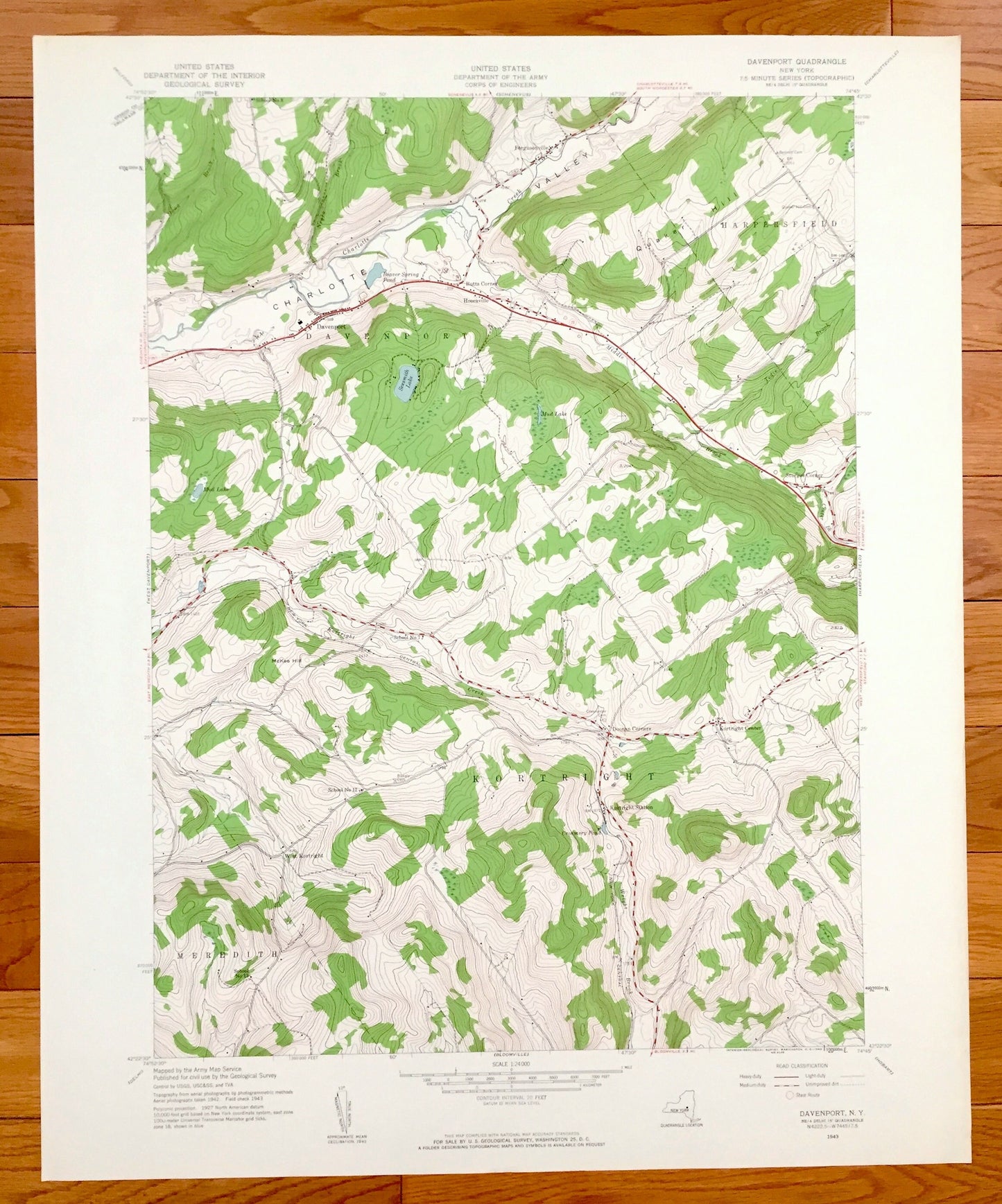Antique Davenport, New York 1943 US Geological Survey Topographic Map – Delaware County, Fergusonville, Harpersfield, Hoseaville Meredith NY