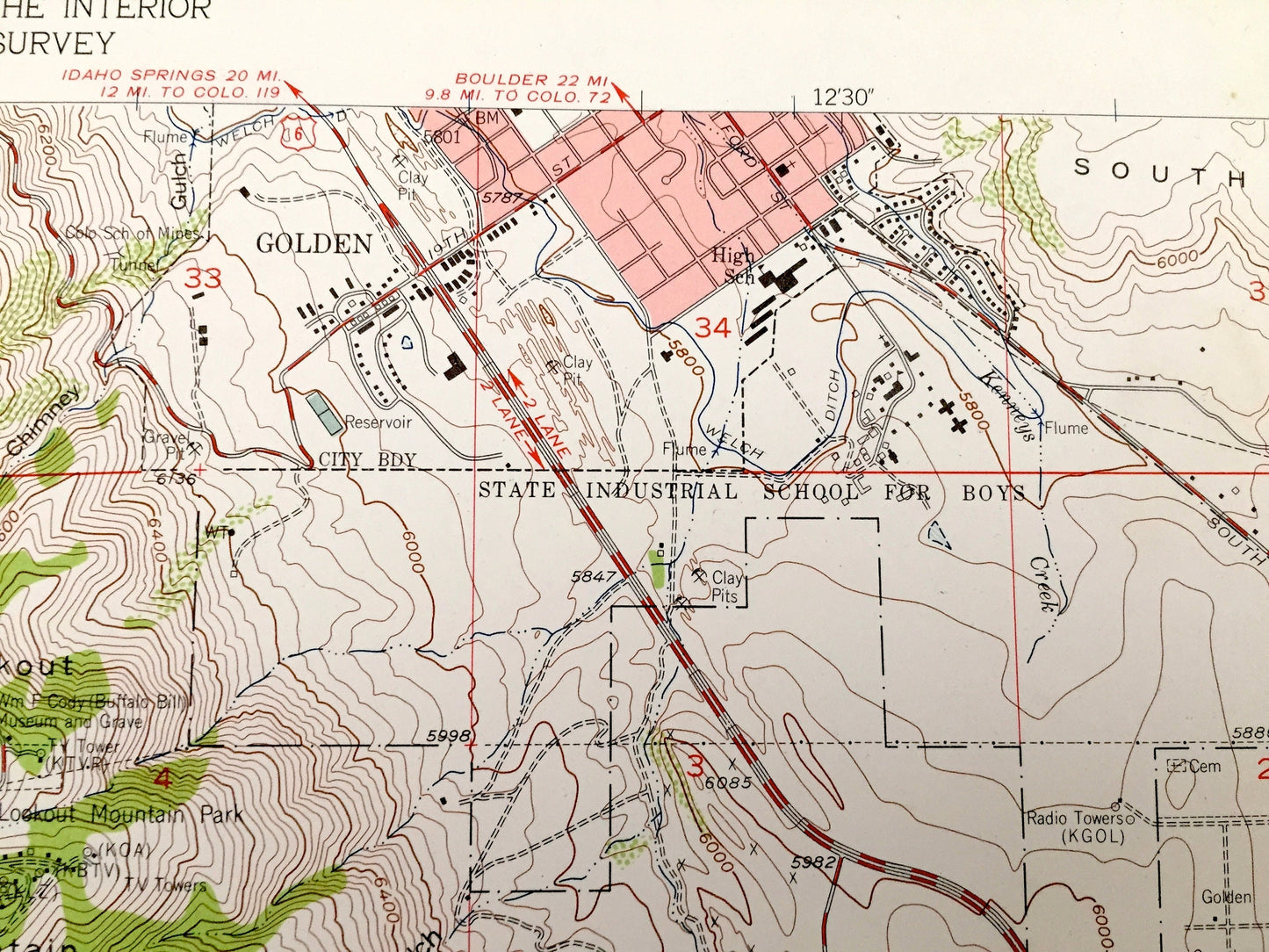 Antique Morrison, Colorado 1957 US Geological Survey Topographic Map – Red Rocks, Green Mountain, Golden, Idledale, Pleasant View, Edgemont