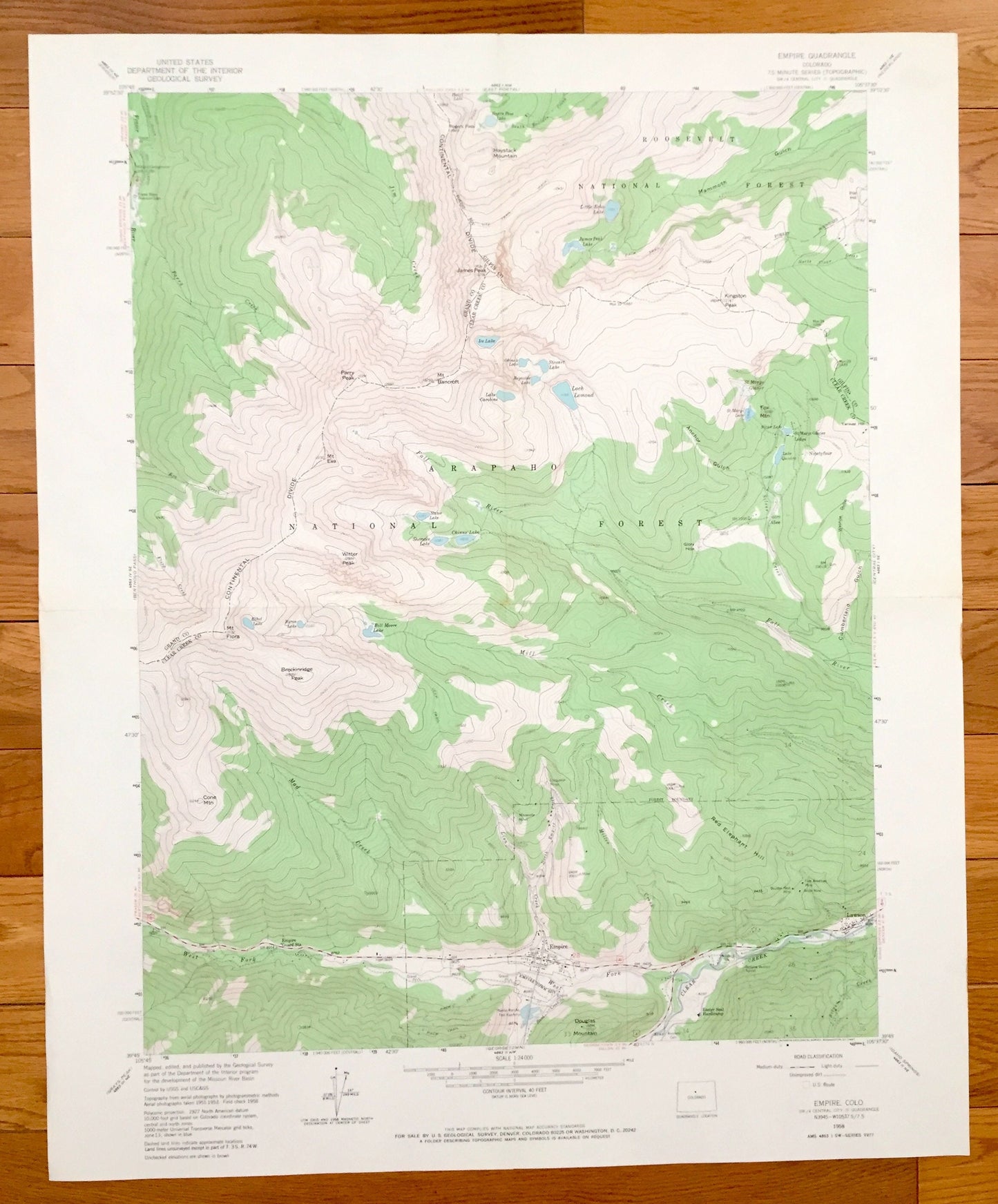 Antique Empire, Colorado 1958 US Geological Survey Topographic Map–Clear Creek County, Lawson, Ninetyfour, Arapaho National Forest, Mt Flora