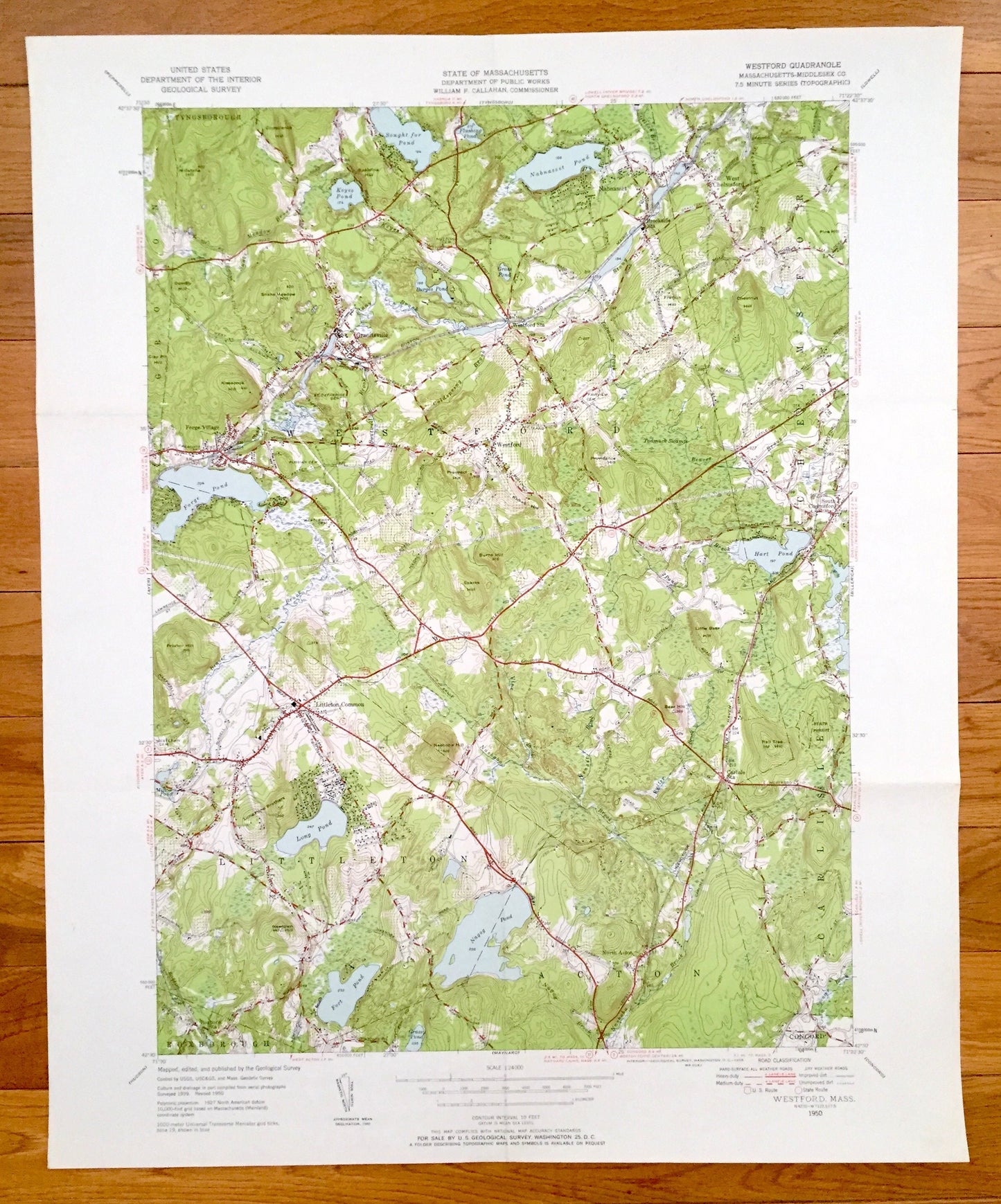 Antique Westford, Massachusetts 1950 US Geological Survey Topographic Map – Middlesex County, Groton, Concord, Acton, Littleton Nabnasset MA
