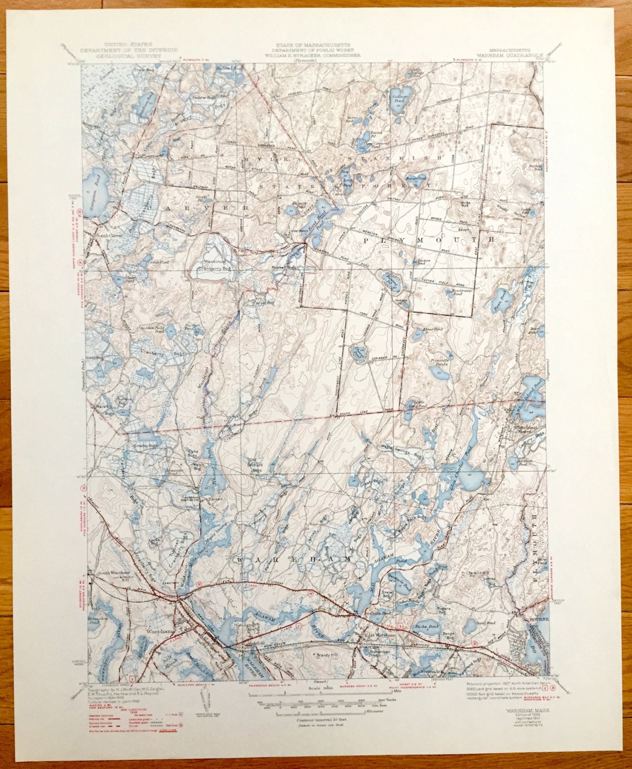 Antique Wareham, Massachusetts 1939 US Geological Survey Topographic Map – Carver, Plymouth, Oakdale, Bourne, Myles Standish, County, MA