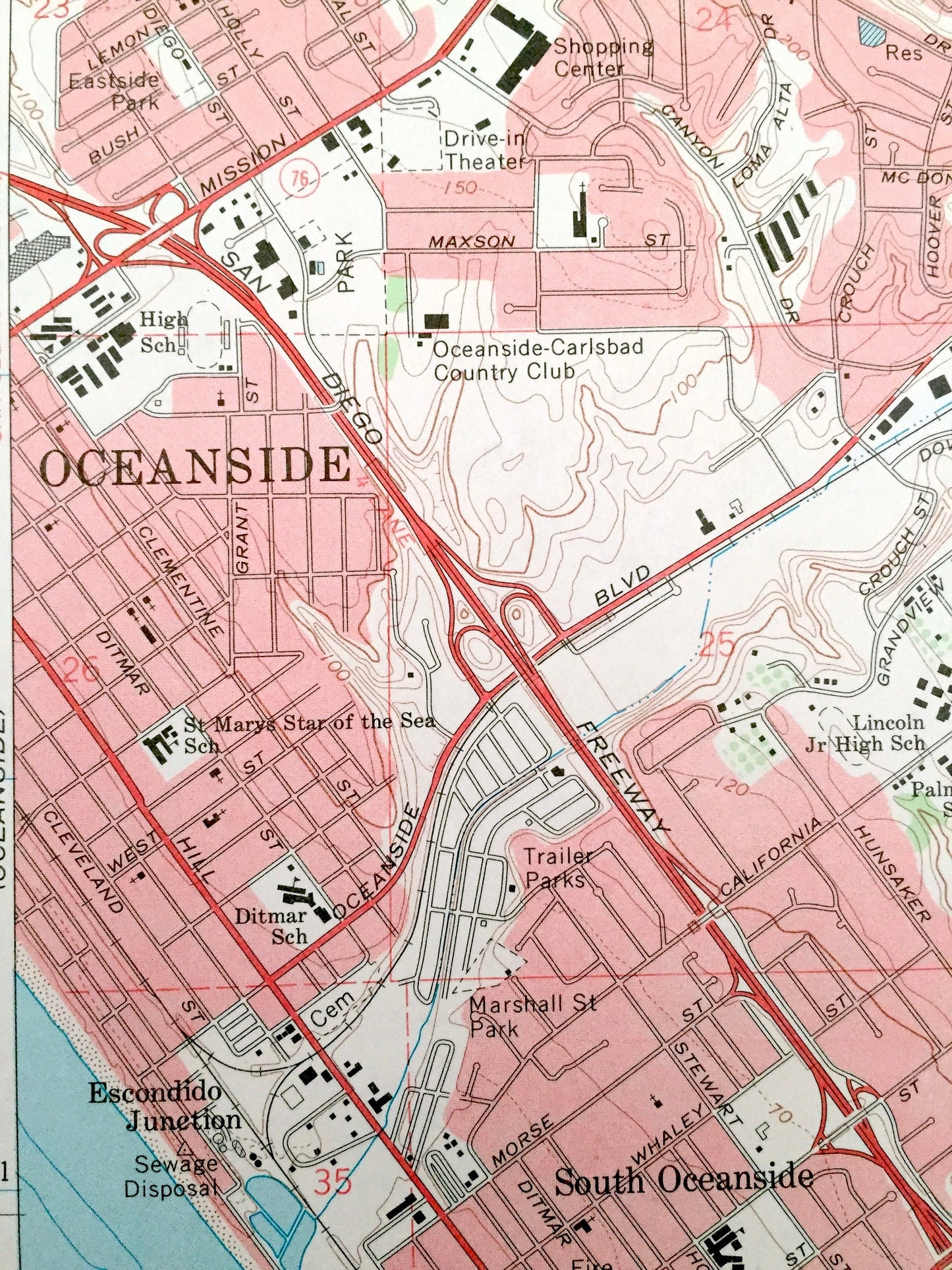 Antique San Luis Rey, California 1968 US Geological Survey Topographic Map – Carlsbad, Oceanside, Escondido Junction, Vista, Farr, CA
