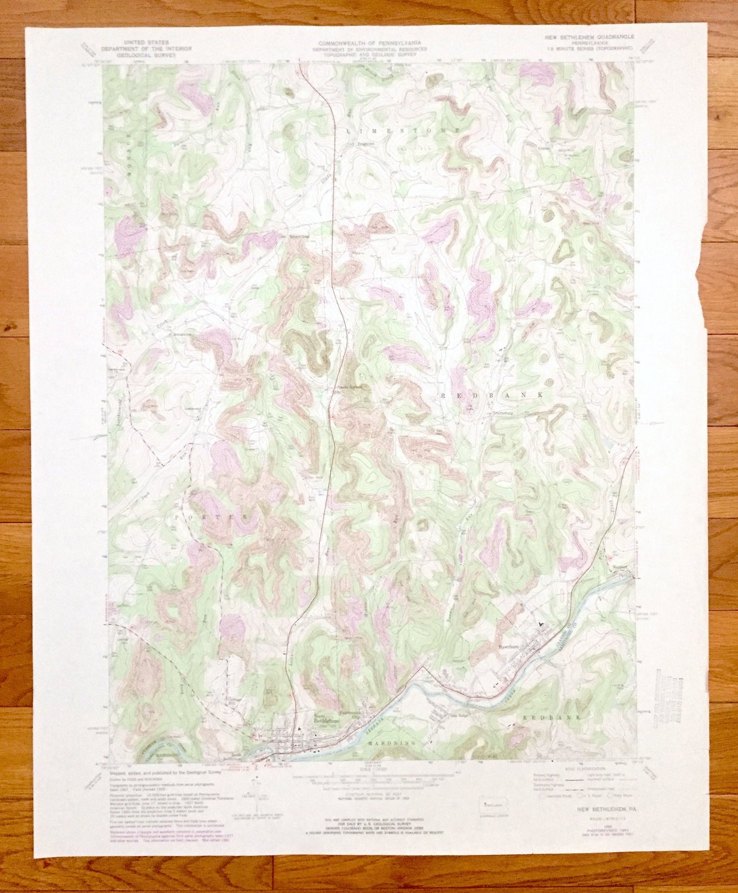 Antique New Bethlehem, Pennsylvania 1969 US Geological Survey Topographic Map – Clarion County, Armstrong County, Redbank, Porter, Limestone