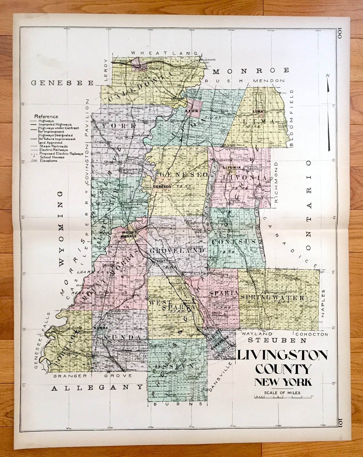 Antique Livingston County, New York 1911 New Century Atlas Map – Geneseo, Caledonia, Avon, Mount Morris, Nunda, Dansville Conesus Hemlock NY