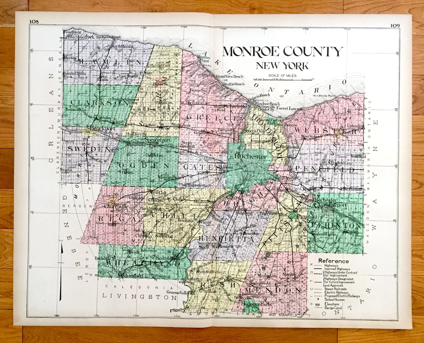 Antique Monroe County, New York 1911 New Century Atlas Map – Rochester, Irondequot, Honeoye Falls, Henrietta, Webster Pittsford Brockport NY