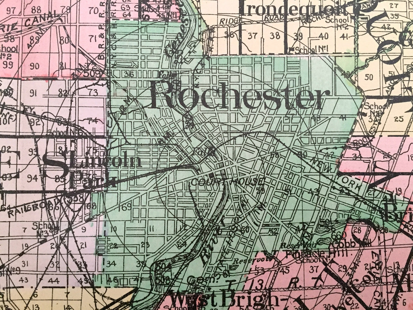 Antique Monroe County, New York 1911 New Century Atlas Map – Rochester, Irondequot, Honeoye Falls, Henrietta, Webster Pittsford Brockport NY