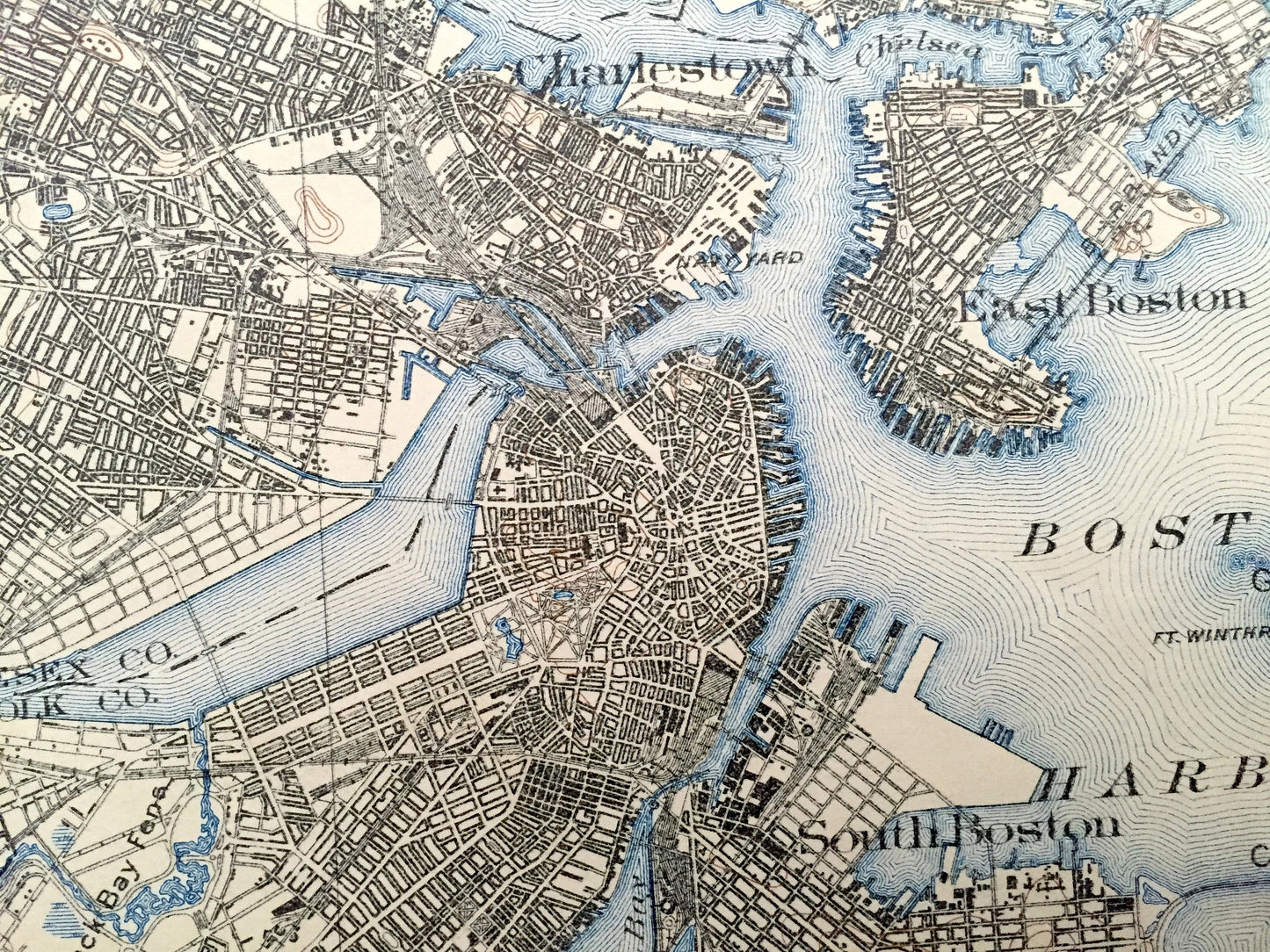 Antique Boston, Massachusetts 1894 US Geological Survey Topographic Map – Cambridge, Newton, Winchester, Lexington Lowell Concord Belmont MA
