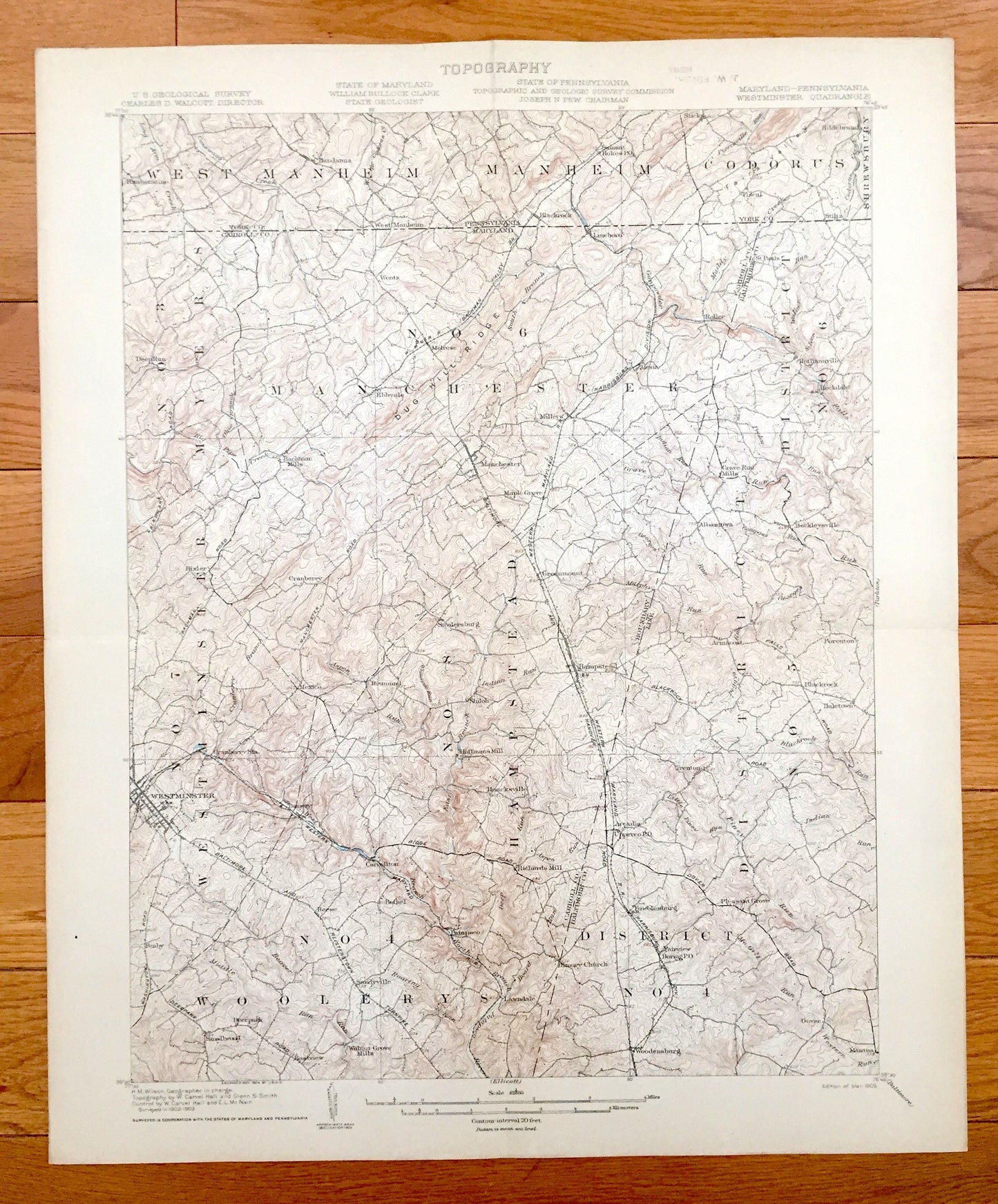 Antique Westminster, Maryland 1905 US Geological Survey Topographic Map – Baltimore, Carroll, York County, Pennsylvania, Prettyboy Reservoir