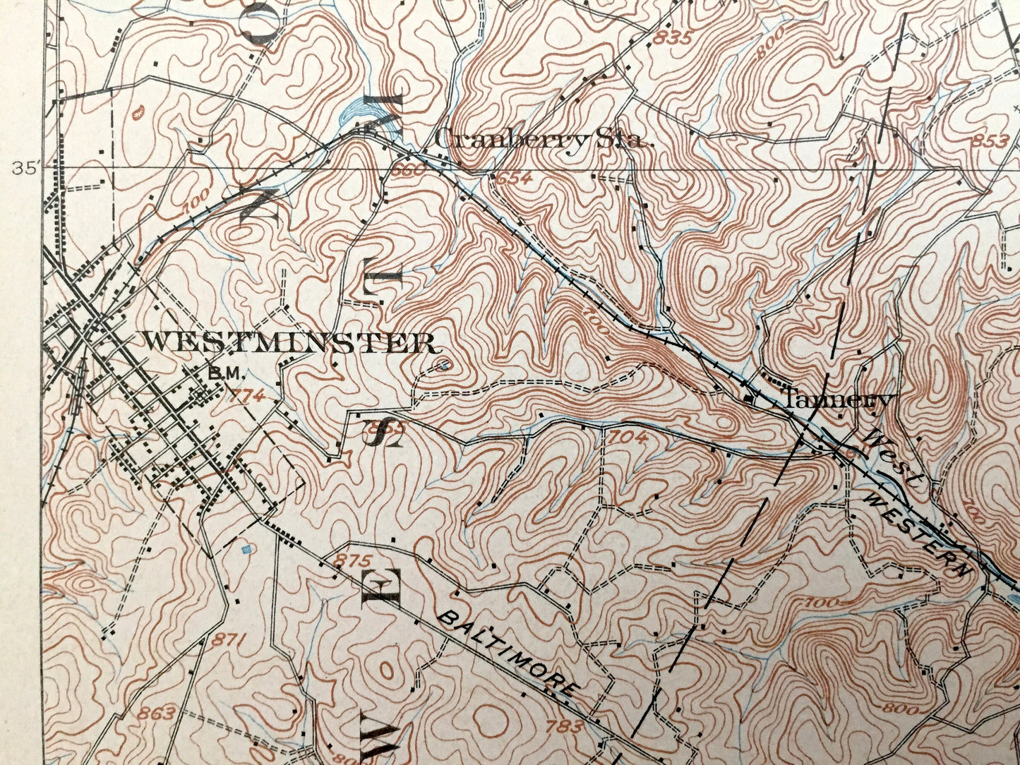 Antique Westminster, Maryland 1905 US Geological Survey Topographic Map – Baltimore, Carroll, York County, Pennsylvania, Prettyboy Reservoir