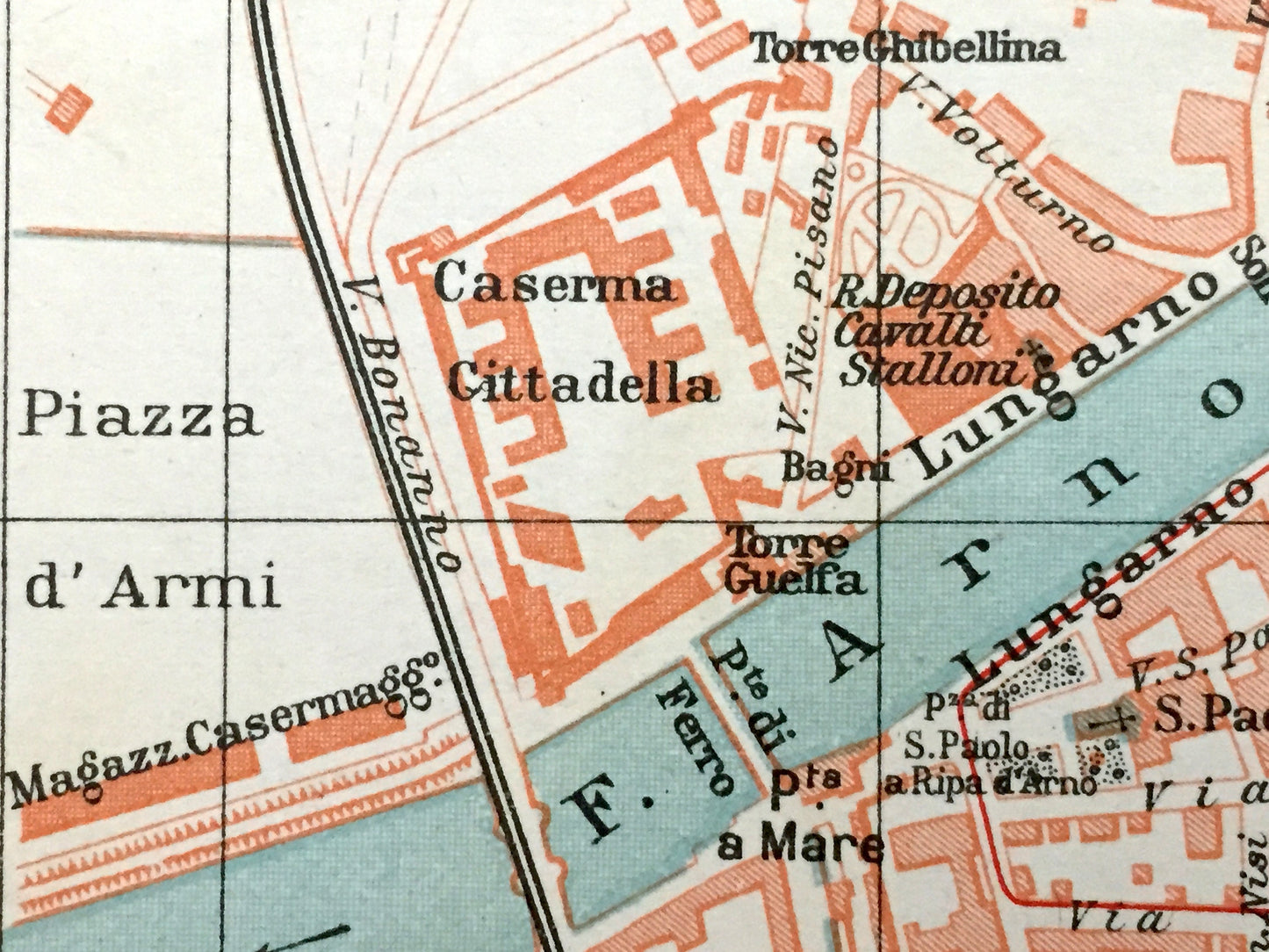 Antique 1937 Pisa, Italy Map from Muirhead's Blue Guides & Baedekers – Tuscany, Leaning Tower, Piazza dei Miracoli, Barbaricina, Santa Maria