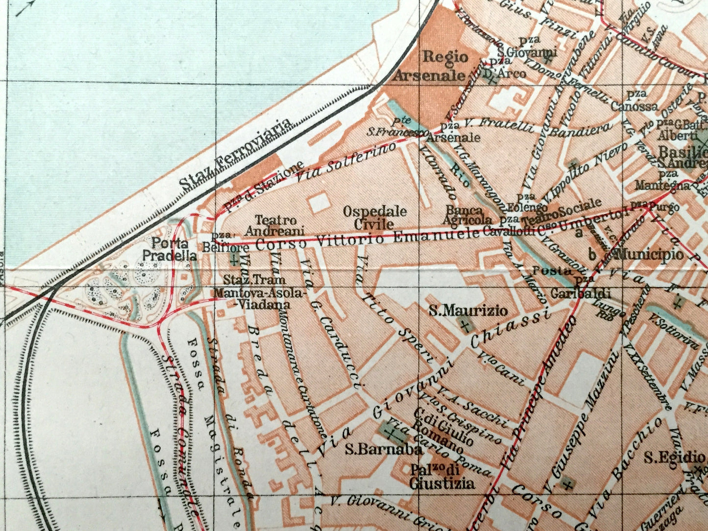 Antique 1937 Mantua, Italy Map from Muirs Blue Guide Baedekers Atlas – Mantova, Lombardy, Gonzaga, Palazzo Te, Ducal Palace, Lago di Mezzo