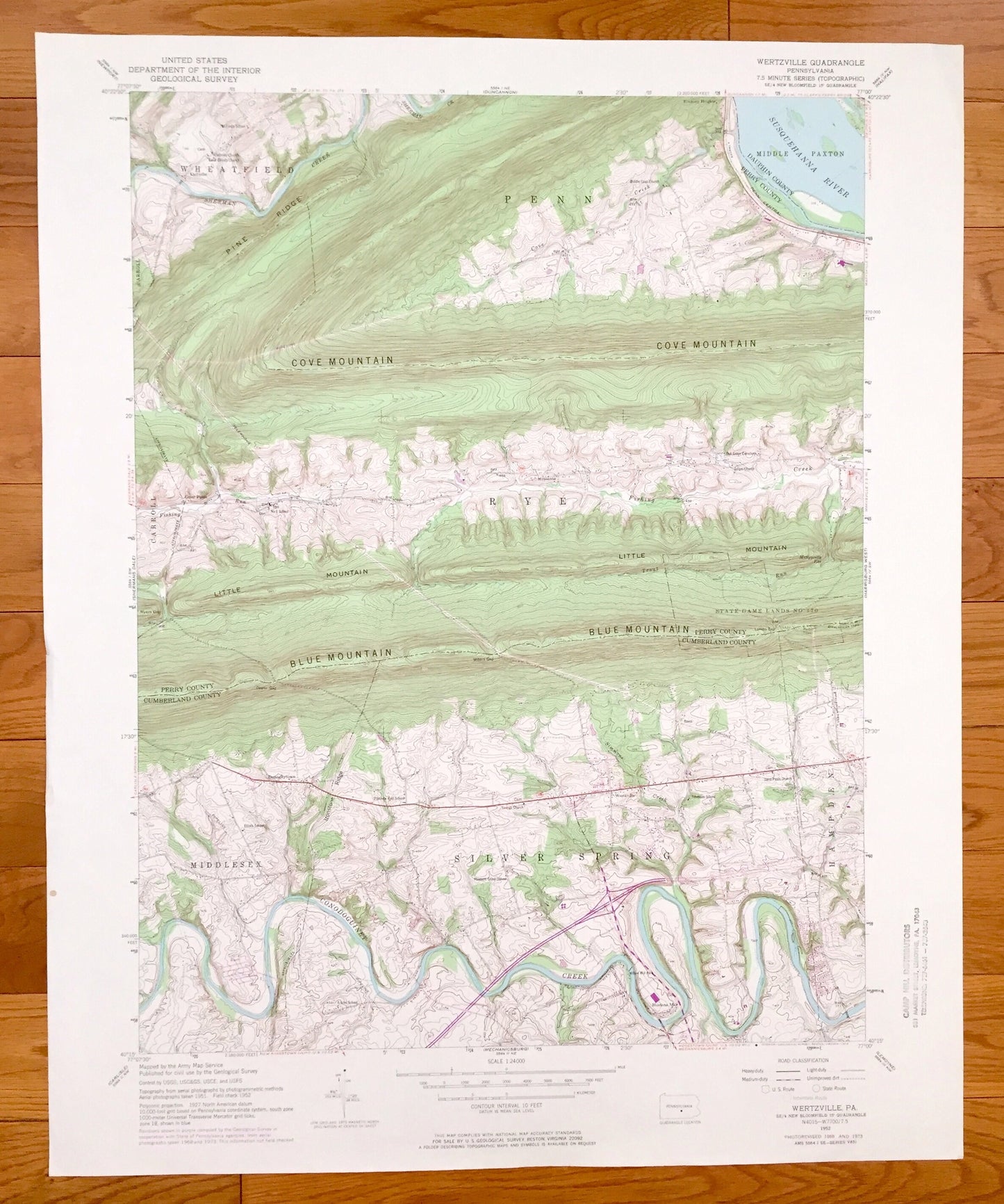 Antique Wertzville, Pennsylvania 1952 US Geological Survey Topographic Map – Perry, Cumberland, Dauphin County, Wheatfield, Silver Spring
