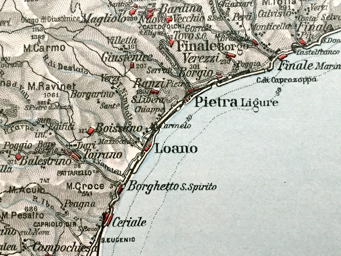Antique 1937 Savona, Italy Map from Muirhead's Blue Guides & Baedekers – Liguria, Albenga, Noli, Loana, Finale, Calizzano, Spotorno