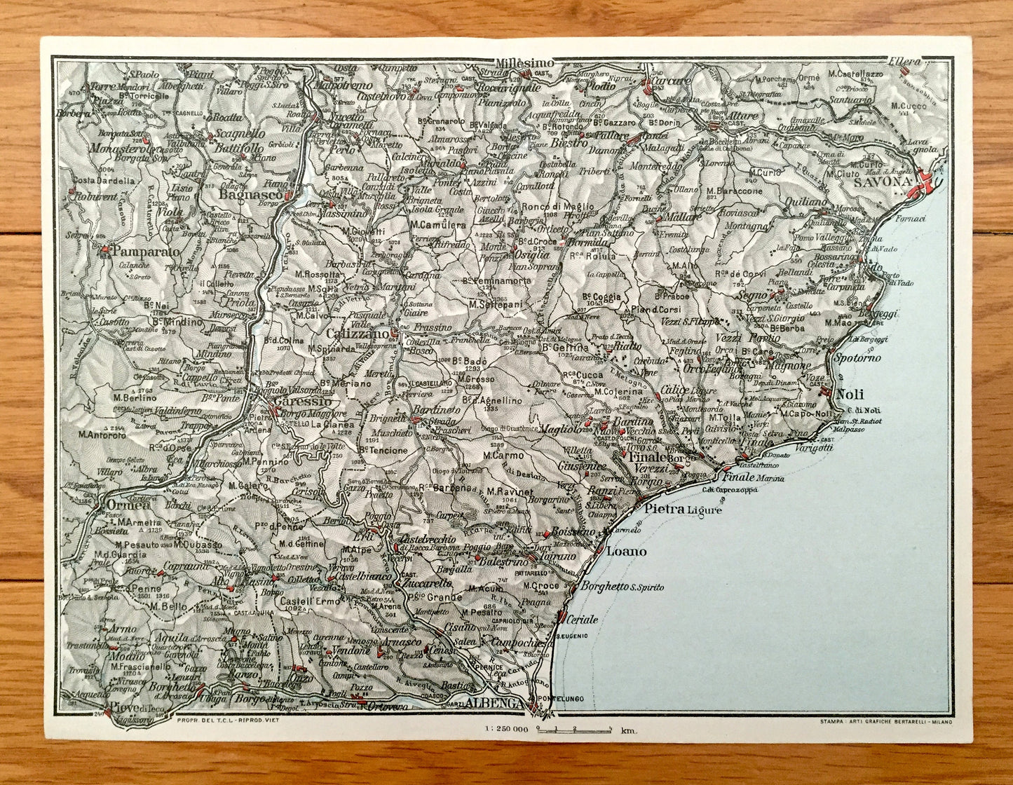 Antique 1937 Savona, Italy Map from Muirhead's Blue Guides & Baedekers – Liguria, Albenga, Noli, Loana, Finale, Calizzano, Spotorno
