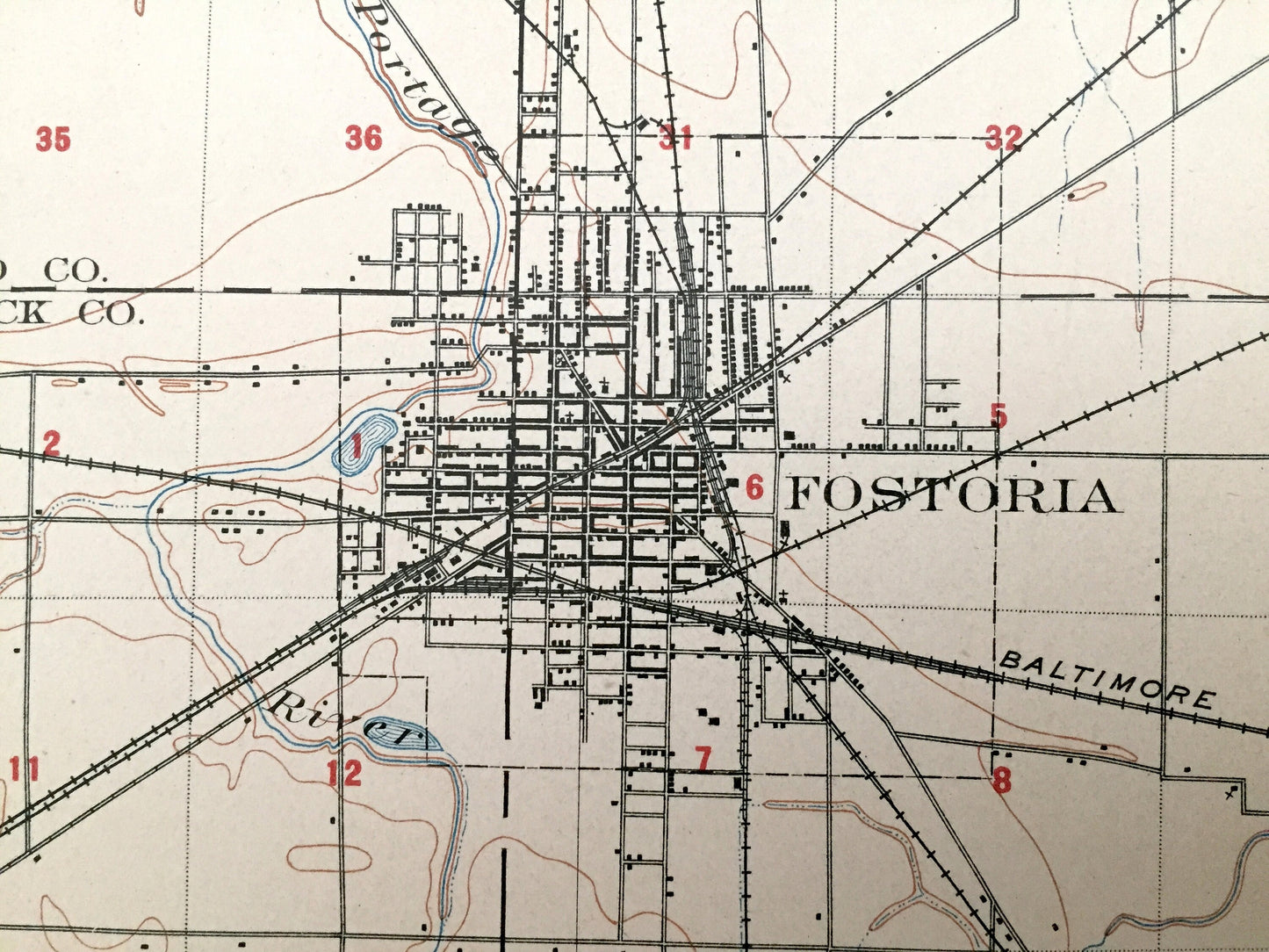 Antique Fostoria, Ohio 1903 US Geological Survey Topographic Map – Seneca County, Perry, Biglick, West Millgrove, Amsden, New Riegel, Alvada