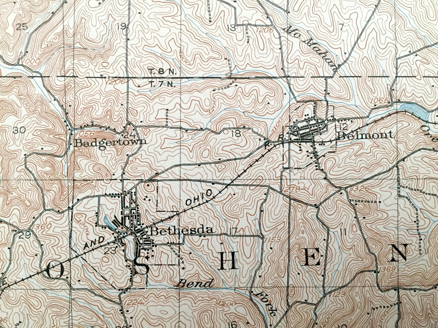 Antique Flushing, Ohio 1905 US Geological Survey Topographic Map – Belmont County, Cadiz, Londonderry, Wheeling, Oxford, Holloway, Oakgrove