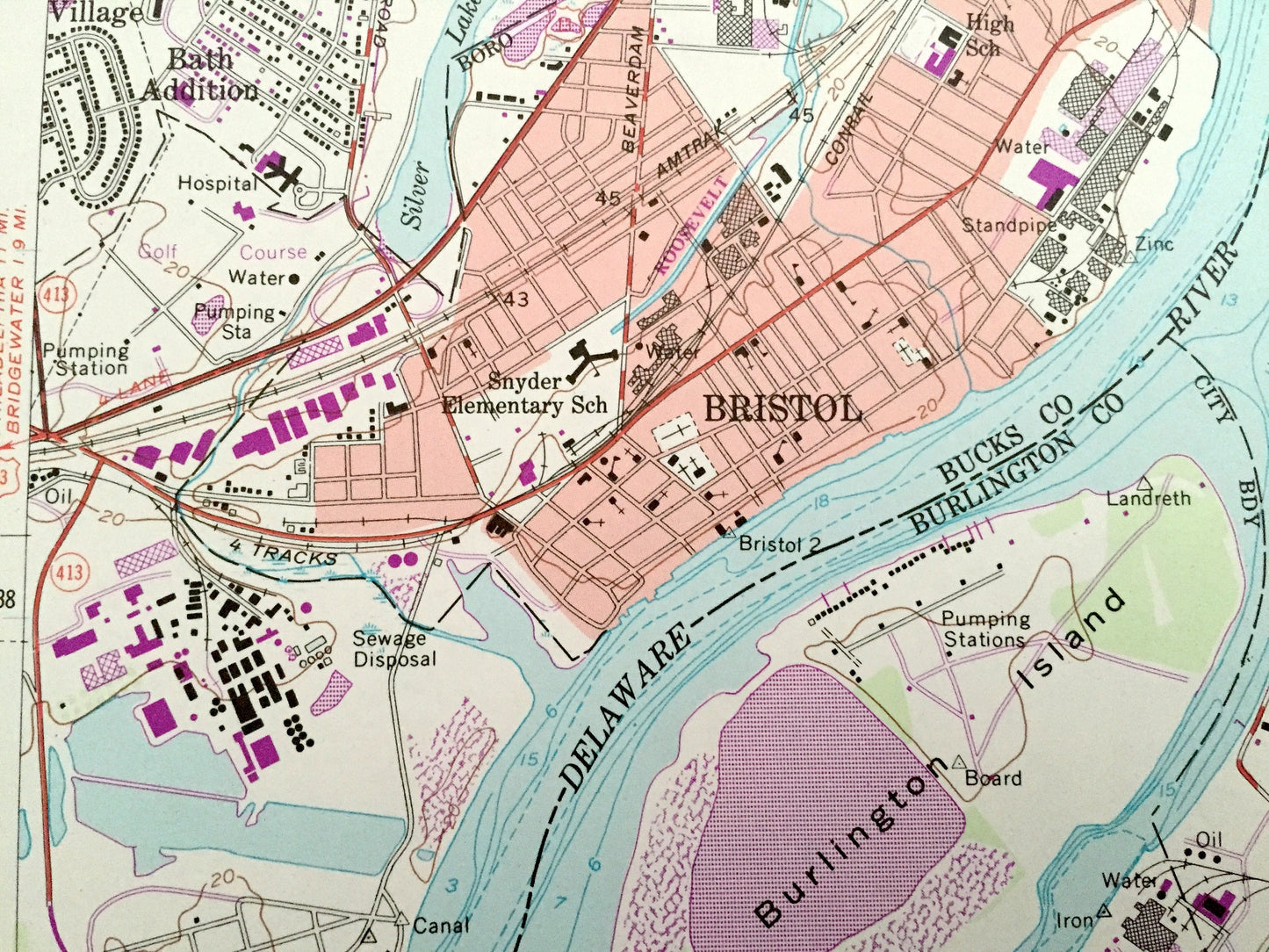 Antique Burlington, New Jersey 1955 US Geological Survey Topographic Map – Florence, Mount Holly, Springfield, Bucks, Bristol, Pennsylvania