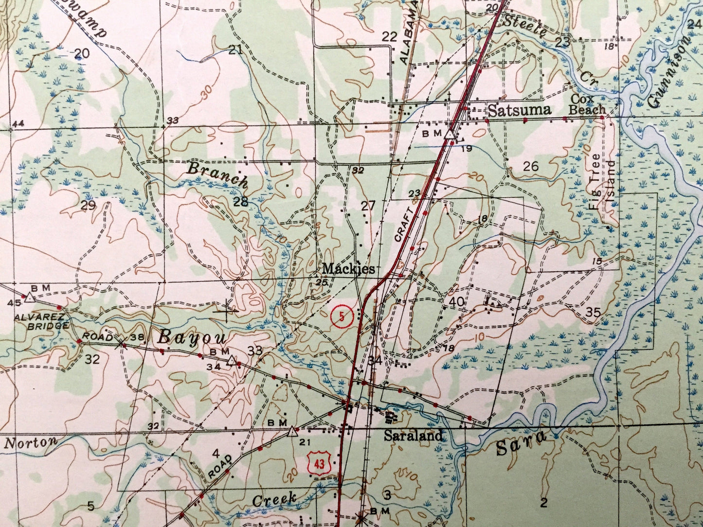 Antique Creola, Alabama 1943 US Geological Survey Topographic Map – Mobile County, Salco, Axis, Hatters, Saraland, Whistler, Smithtown, Akka