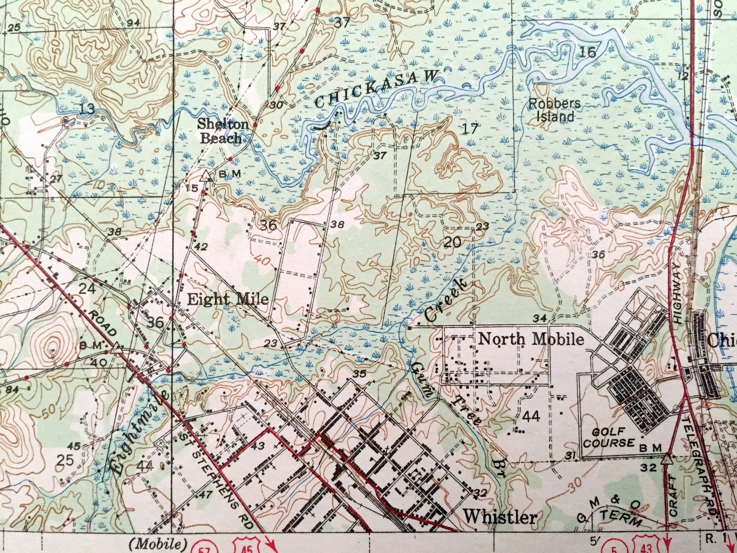Antique Creola, Alabama 1943 US Geological Survey Topographic Map – Mobile County, Salco, Axis, Hatters, Saraland, Whistler, Smithtown, Akka
