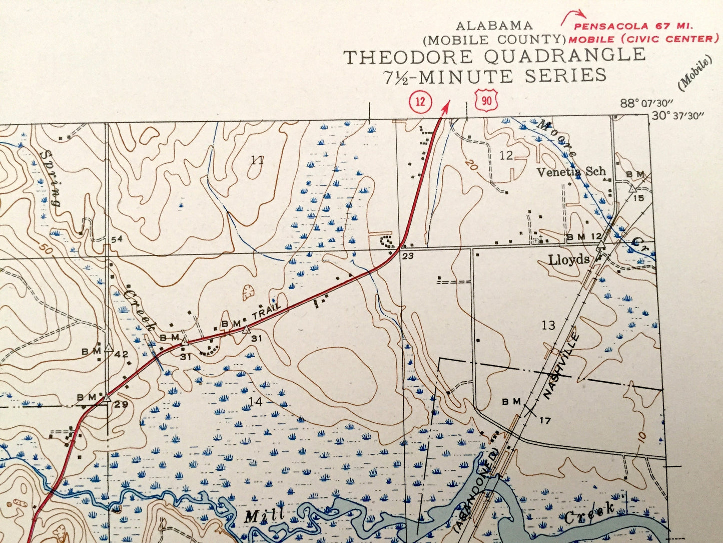 Antique Theodore, Alabama 1943 US Geological Survey Topographic Map– Mobile County, Lloyds, Mann, Three Notches, Irvington, Halls Mill Creek