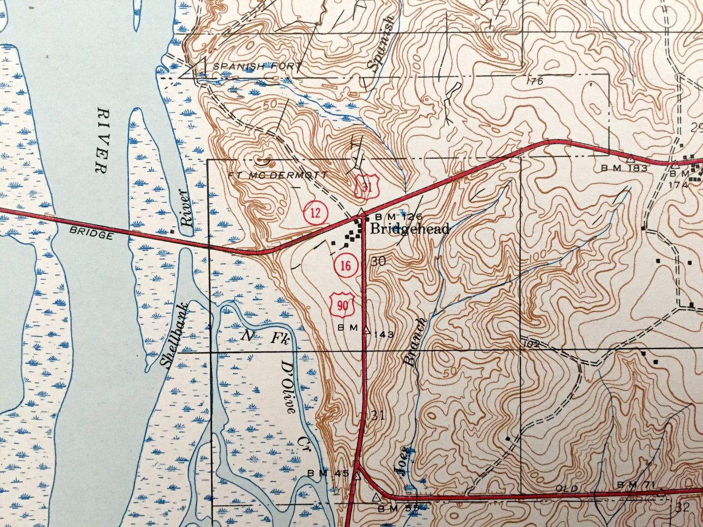 Antique Bridgehead, Alabama 1943 US Geological Survey Topographic Map – Baldwin County, Blakeley, Park City, The Village, Chacaloochee Bay