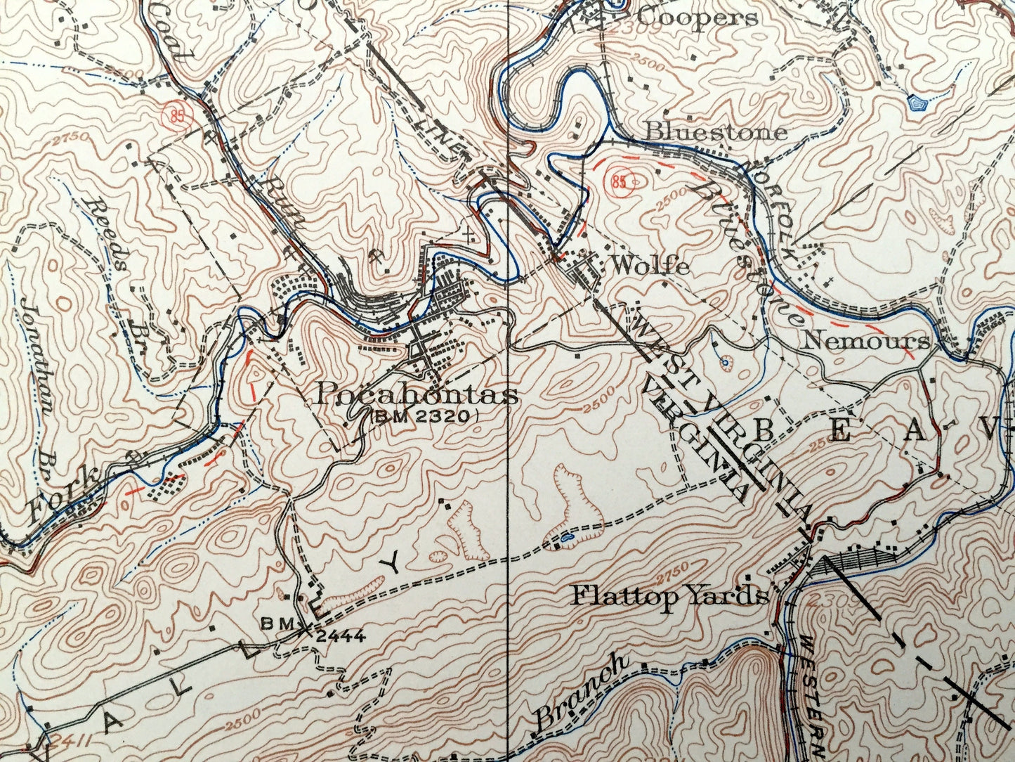 Antique Bramwell, West Virginia 1924 US Geological Survey Topographic Map – Mercer County, Northfork, Bluestone, Rolfe, McDowell, Clear Fork