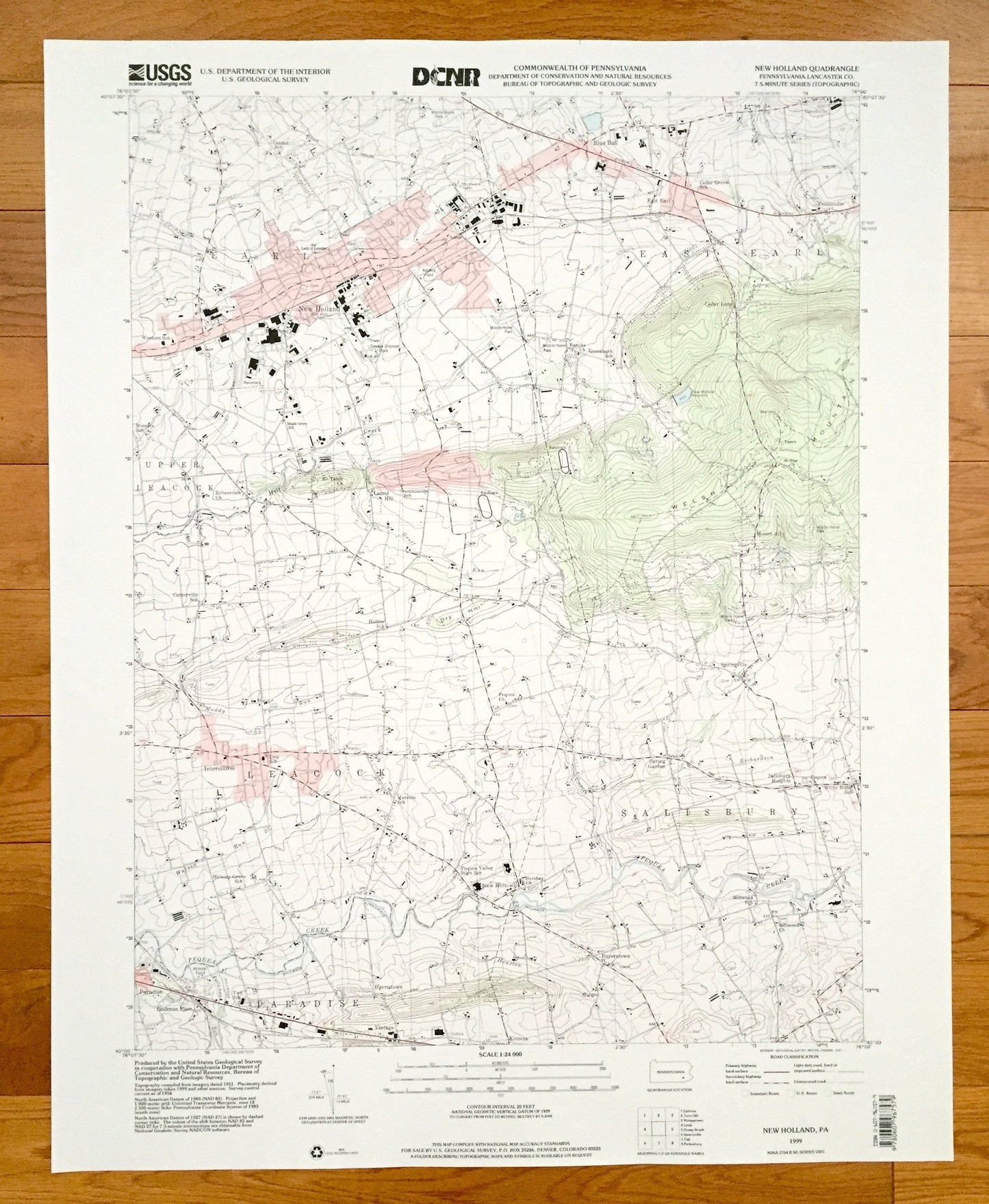 Antique New Holland, Pennsylvania 1999 US Geological Survey Topographic Map – Lancaster County, Salisbury, Leacock, East Earl, Paradise