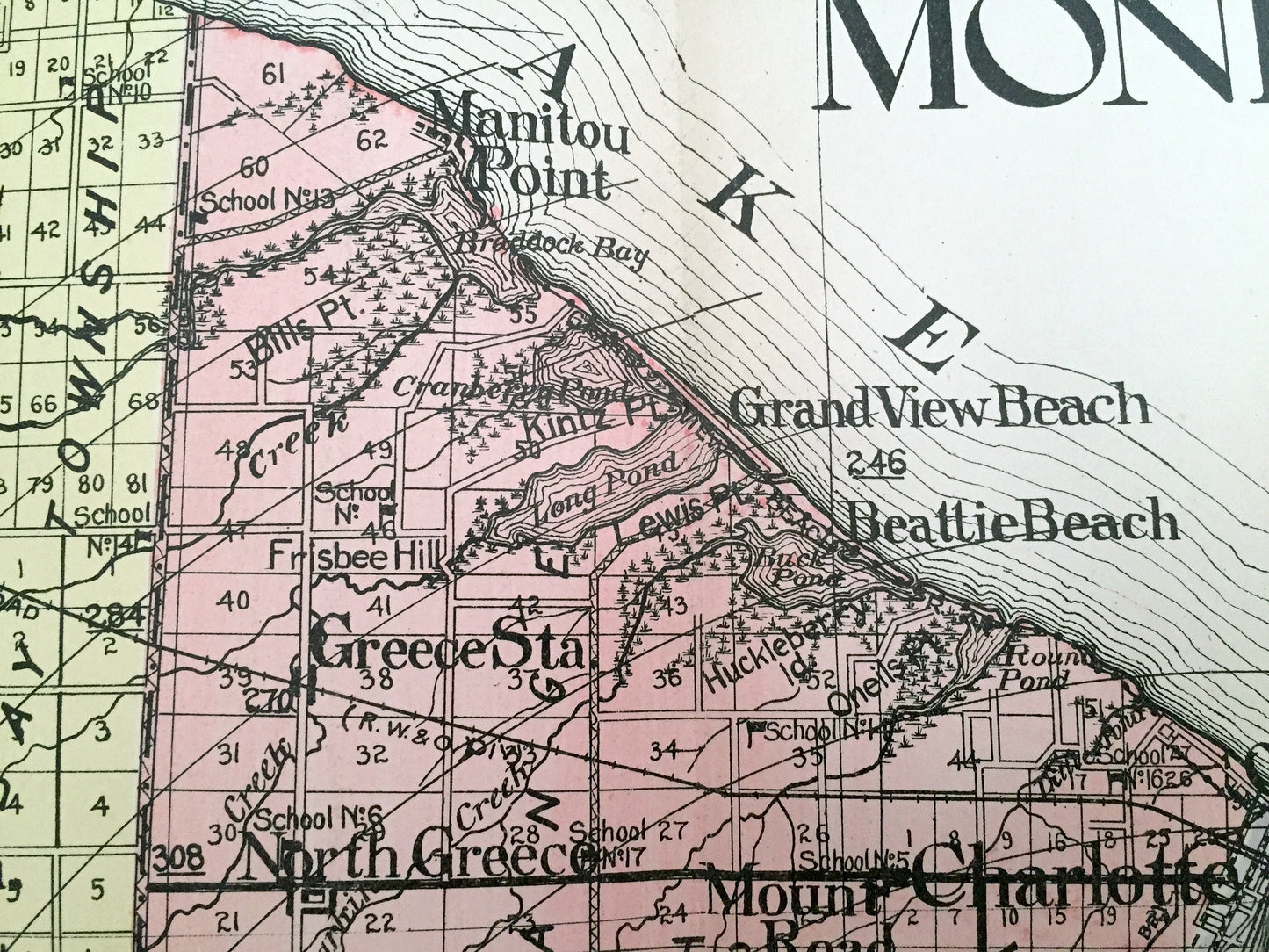 Antique Monroe County, New York 1911 New Century Atlas Map – Rochester, Irondequot, Honeoye Falls, Henrietta, Webster Pittsford Brockport NY