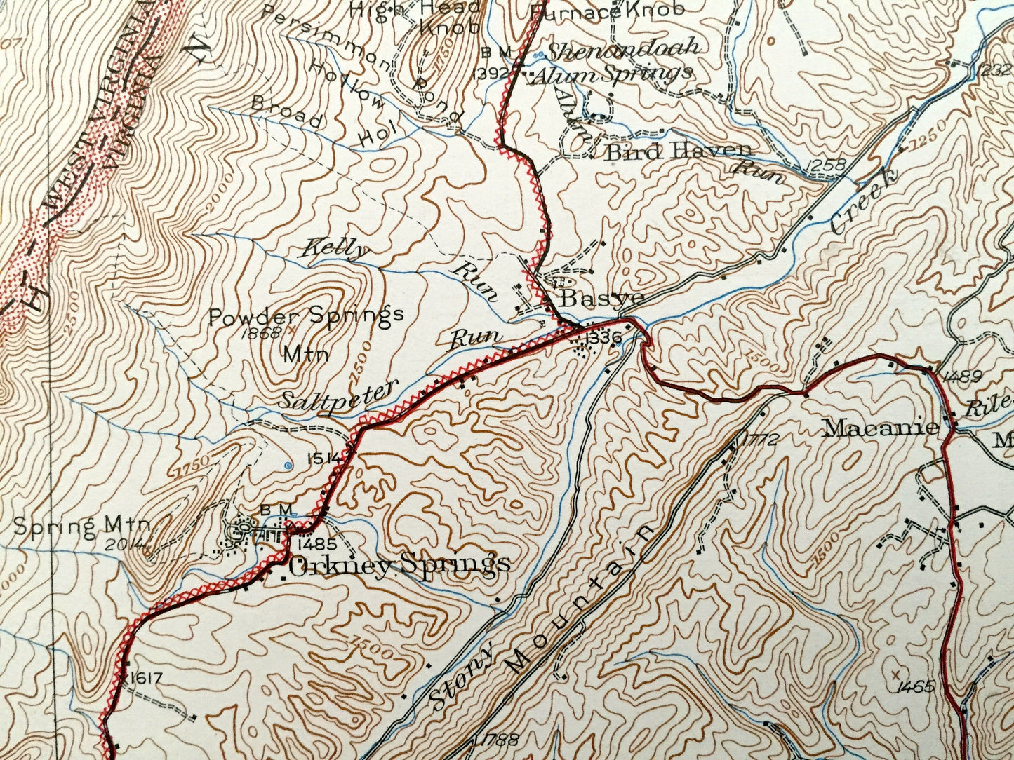 Antique Orkney Springs, Virginia 1943 US Geological Survey Topographic Map – Shenandoah County, Lost City, Bird Haven, South Fork, Laura VA