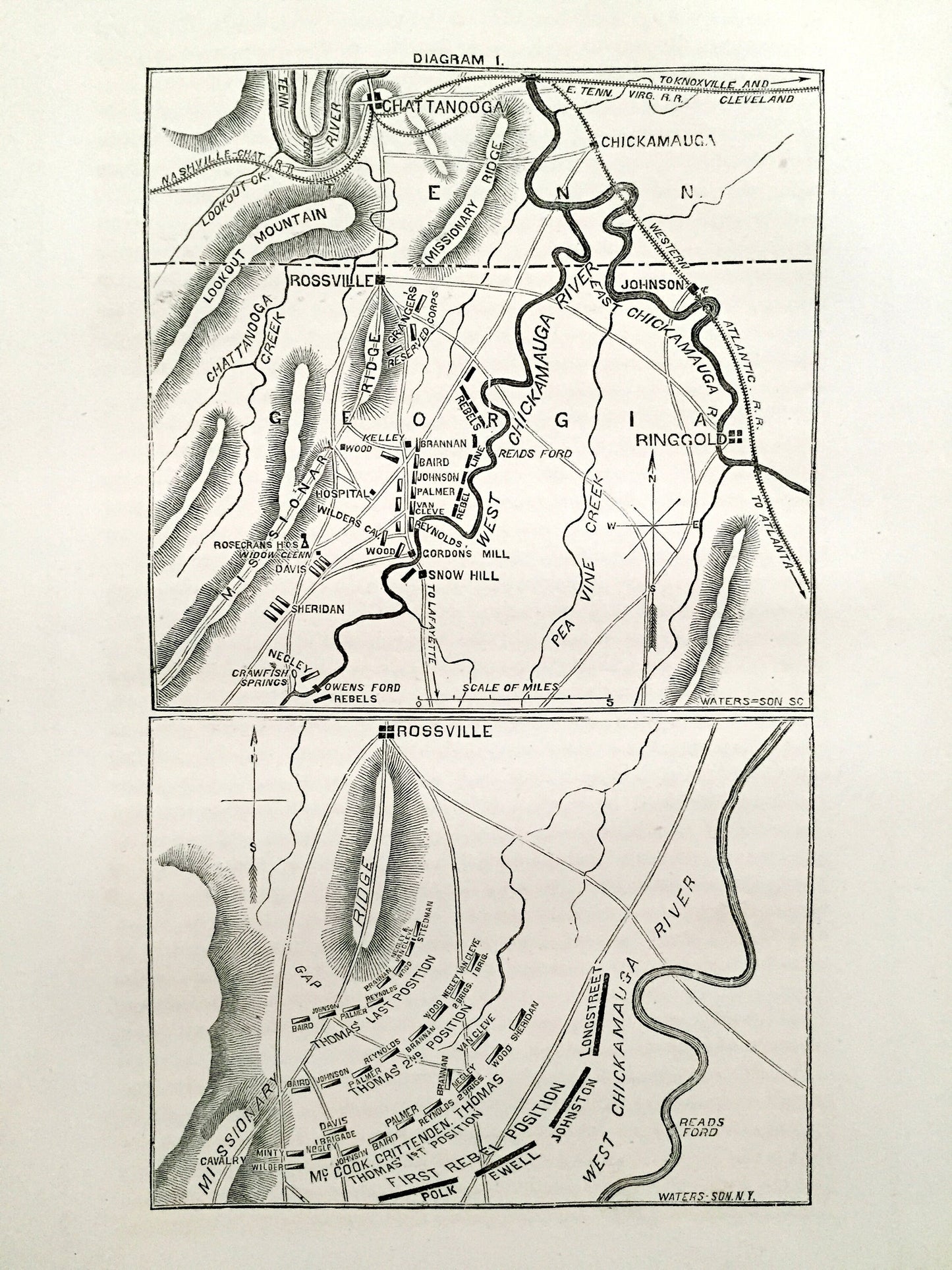 Antique 1865 Battle of Chickamauga Map from The History of the Civil War in The United States, Schmucker — Chattanooga, Rossville, Tennessee
