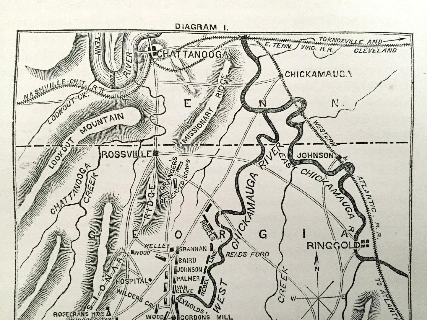 Antique 1865 Battle of Chickamauga Map from The History of the Civil War in The United States, Schmucker — Chattanooga, Rossville, Tennessee