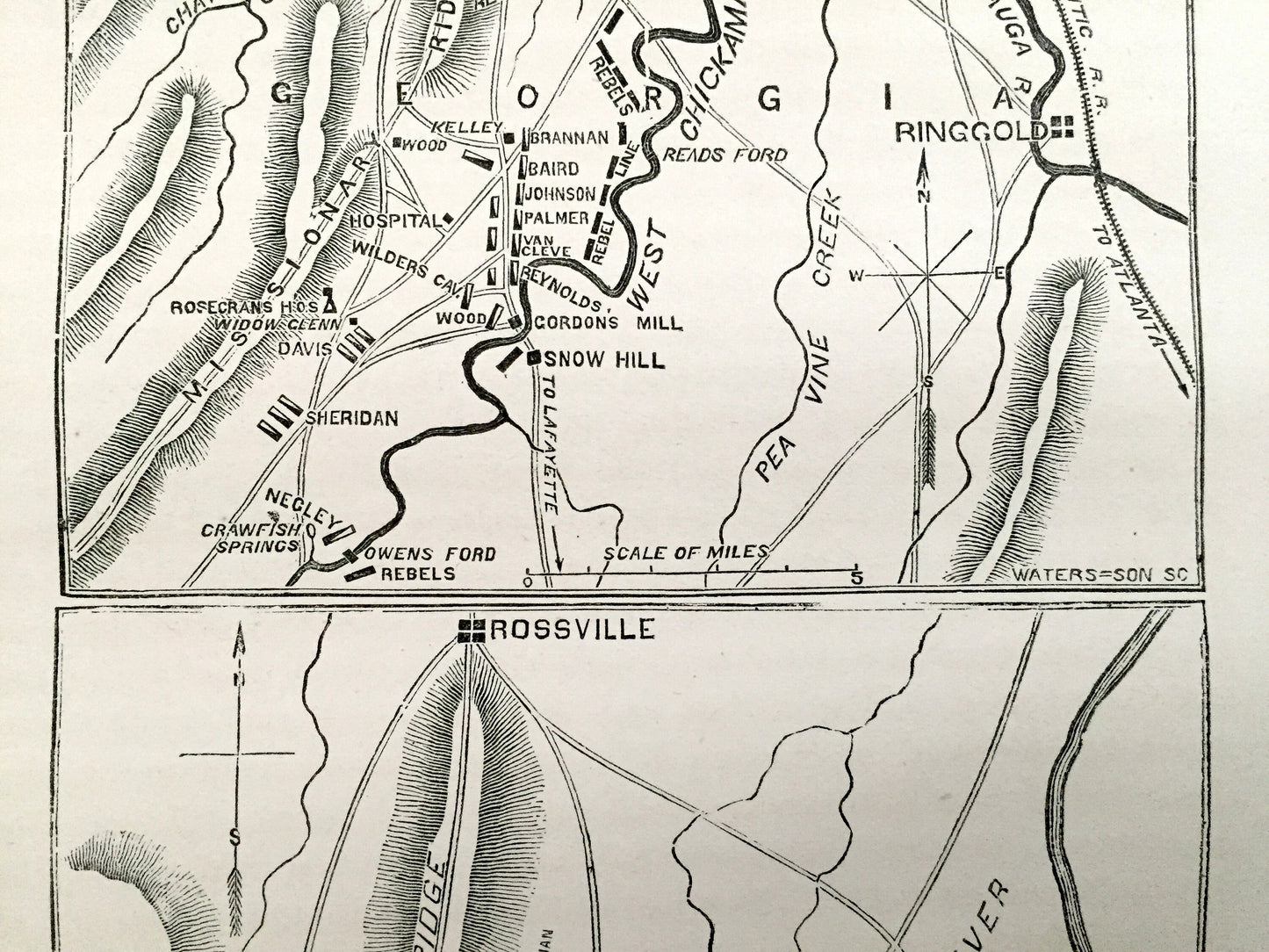 Antique 1865 Battle of Chickamauga Map from The History of the Civil War in The United States, Schmucker — Chattanooga, Rossville, Tennessee