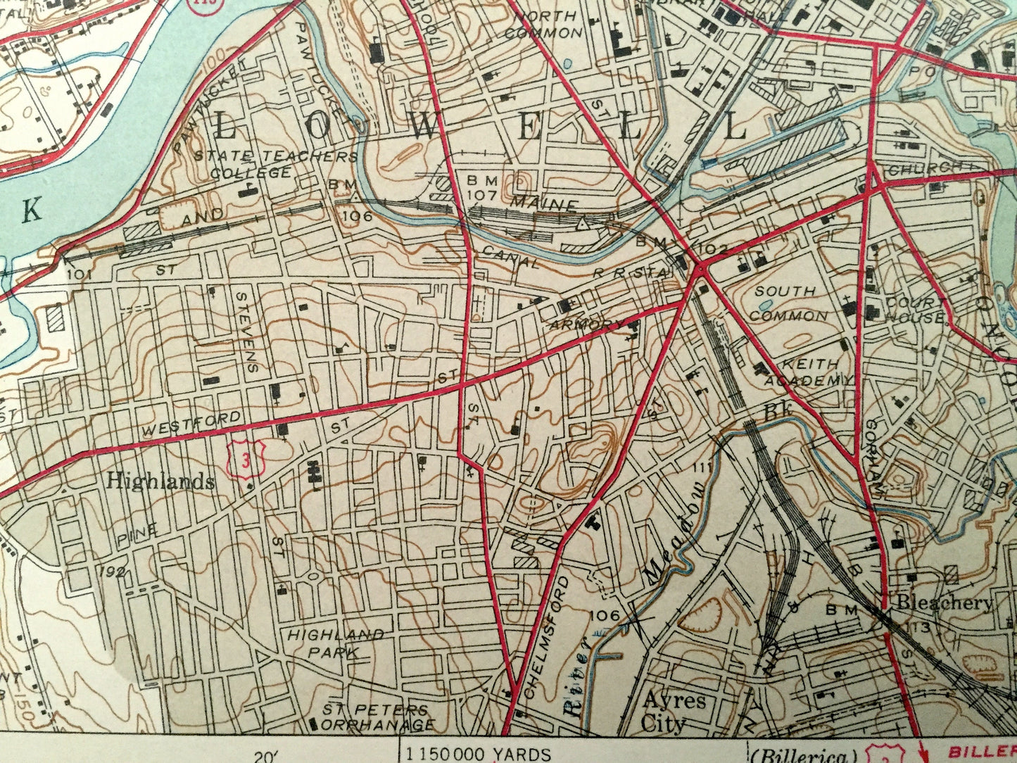 Antique Lowell, Massachusetts 1941 US Geological Survey Topographic Map – Middlesex County, Dracut, Chelmsford, Tewksbury Merrimack UMass MA