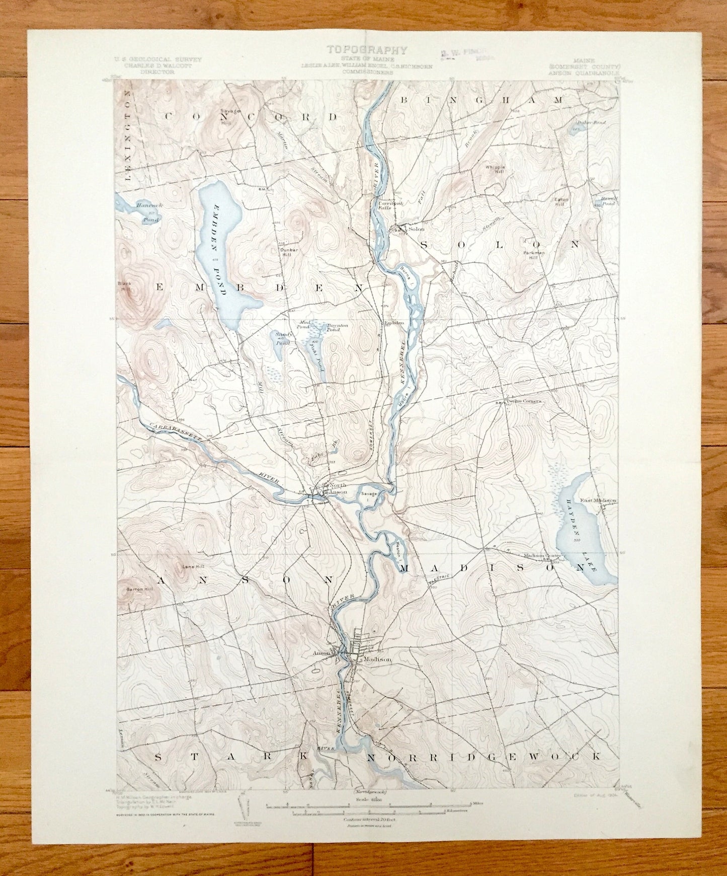 Antique Anson, Maine 1904 US Geological Survey Topographic Map – Somerset County, Madison, Bingham, Embden, Adison, Stark, Hayden Lake, ME