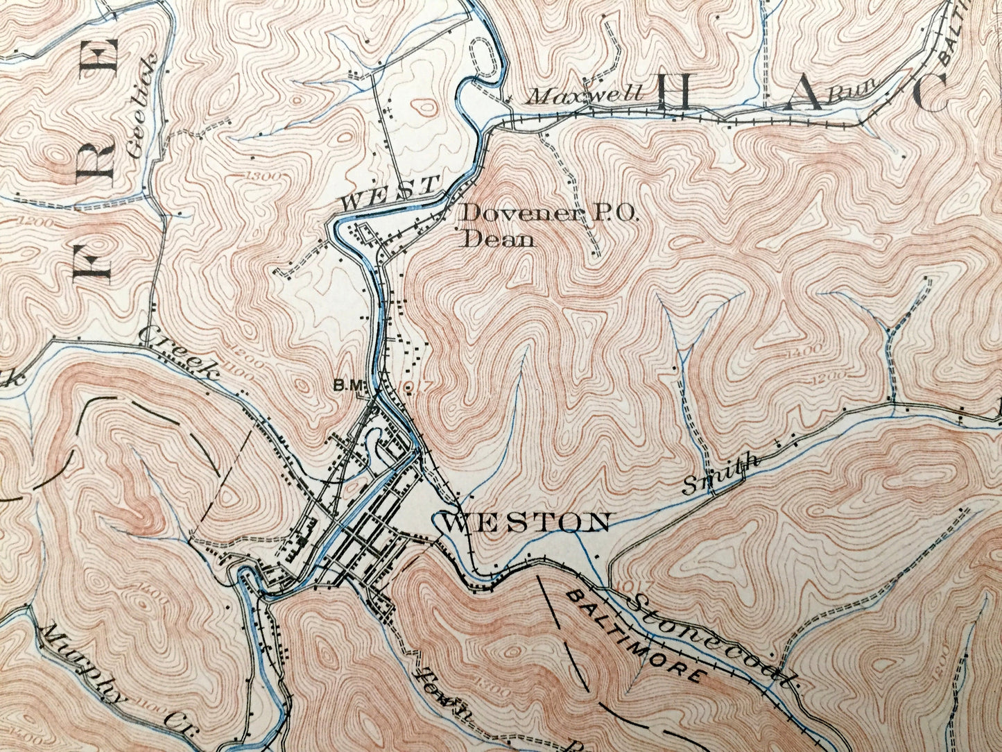 Antique Weston, West Virginia 1904 US Geological Survey Topographic Map – Lewis County, Tenmile, Simpson, Freemans Creek, Courthouse, Dayton