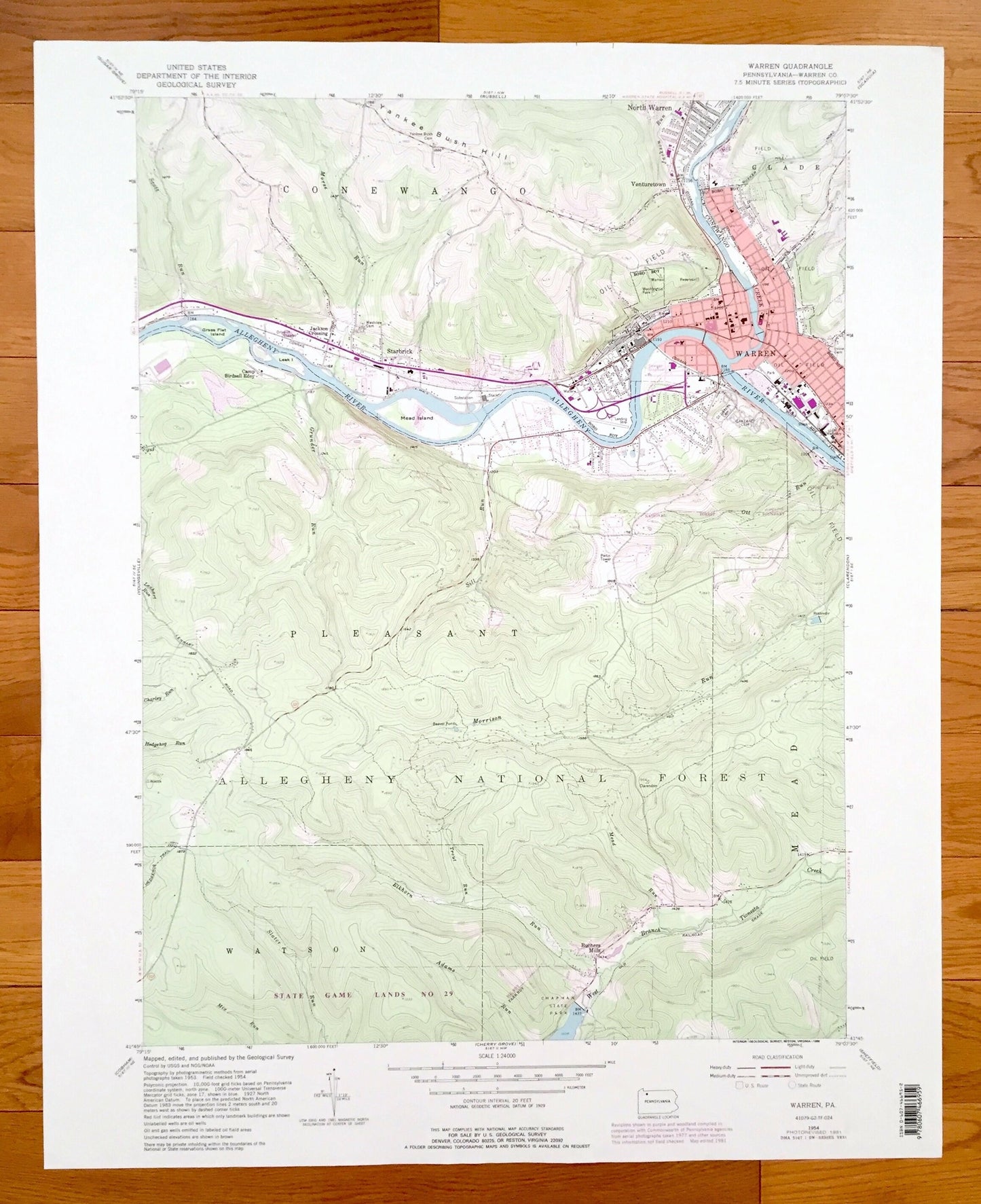 Antique Warren, Pennsylvania 1954 US Geological Survey Topographic Map – Warren County, Conewango, Pleasant, Watson, Mead, Glade, Starbrick