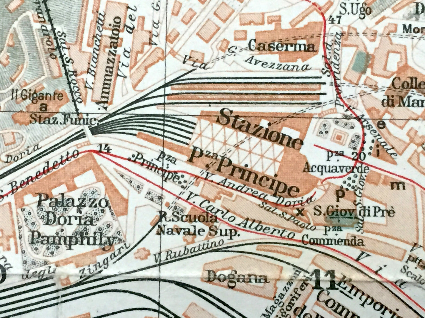 Antique 1937 Genoa, Italy Map from Muirhead's Blue Guides & Baedekers – Genova, Liguria, Carignano, Castelletto, Molo, Oregina, Ferrari