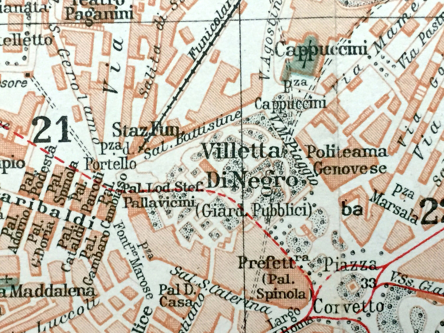 Antique 1937 Genoa, Italy Map from Muirhead's Blue Guides & Baedekers – Genova, Liguria, Carignano, Castelletto, Molo, Oregina, Ferrari