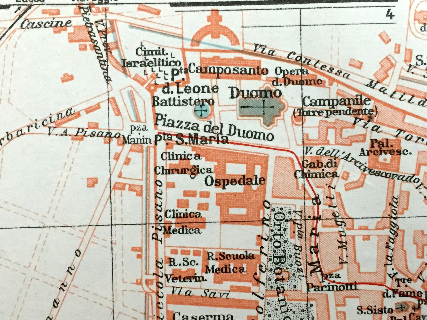 Antique 1937 Pisa, Italy Map from Muirhead's Blue Guides & Baedekers – Tuscany, Leaning Tower, Piazza dei Miracoli, Barbaricina, Santa Maria