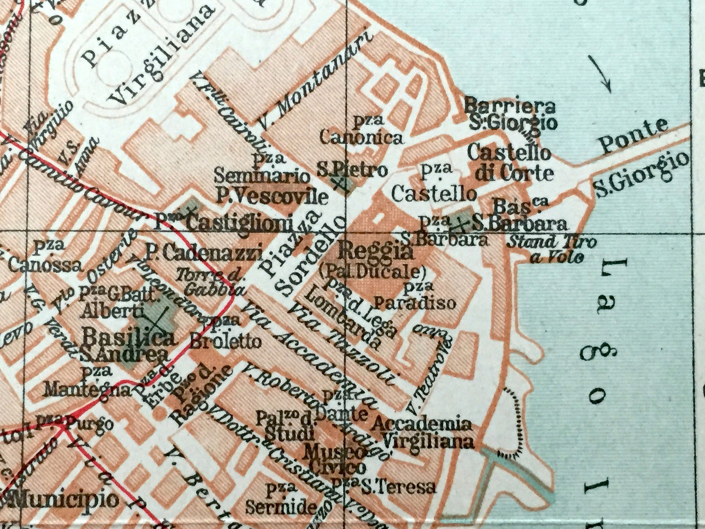 Antique 1937 Mantua, Italy Map from Muirs Blue Guide Baedekers Atlas – Mantova, Lombardy, Gonzaga, Palazzo Te, Ducal Palace, Lago di Mezzo