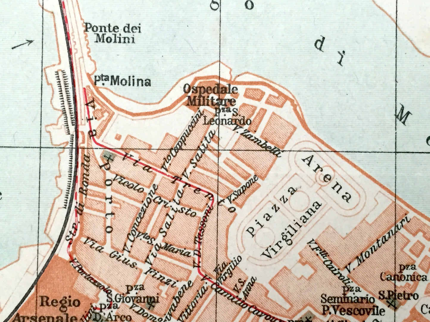 Antique 1937 Mantua, Italy Map from Muirs Blue Guide Baedekers Atlas – Mantova, Lombardy, Gonzaga, Palazzo Te, Ducal Palace, Lago di Mezzo