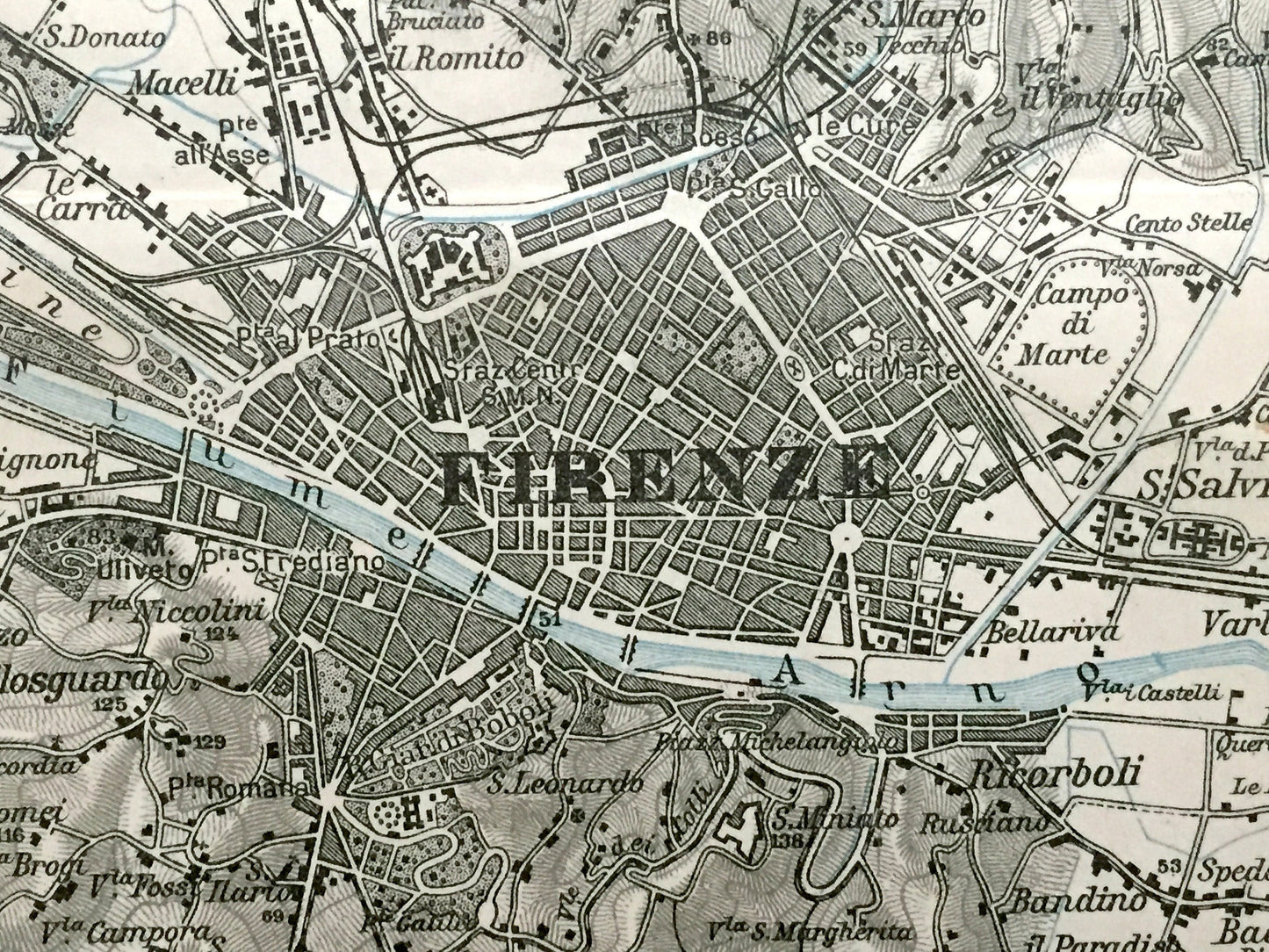 Antique 1937 Florence, Italy Map from Muirhead's Blue Guides & Baedekers – Firenze, Tuscany, Arno, Ponte Vecchio, Uffizi, Fiesole, Sesto