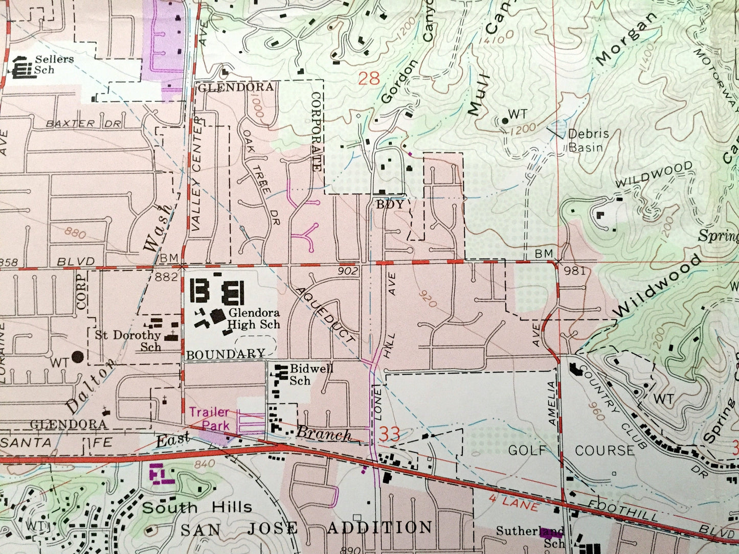 Antique Glendora, California 1966 US Geological Survey Topographic Map – Los Angeles, La Verne, San Dimas Tanbark Flats San Gabriel River NY