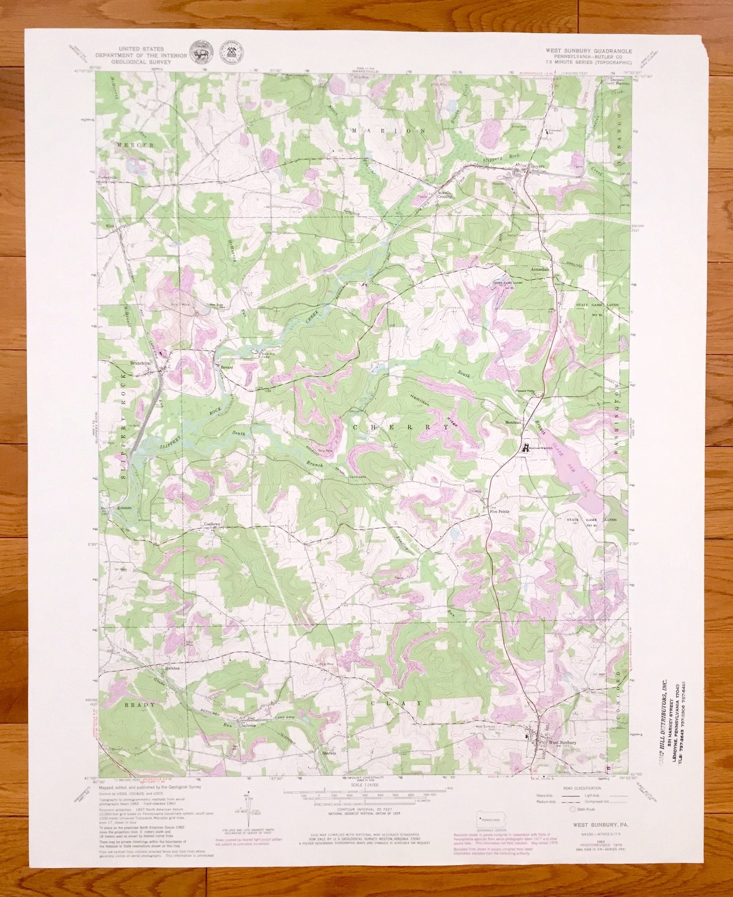 Antique West Sunbury, Pennsylvania 1963 US Geological Survey Topographic Map – Butler County, Mercer, Marion, Cherry, Clay, Brady, Venango