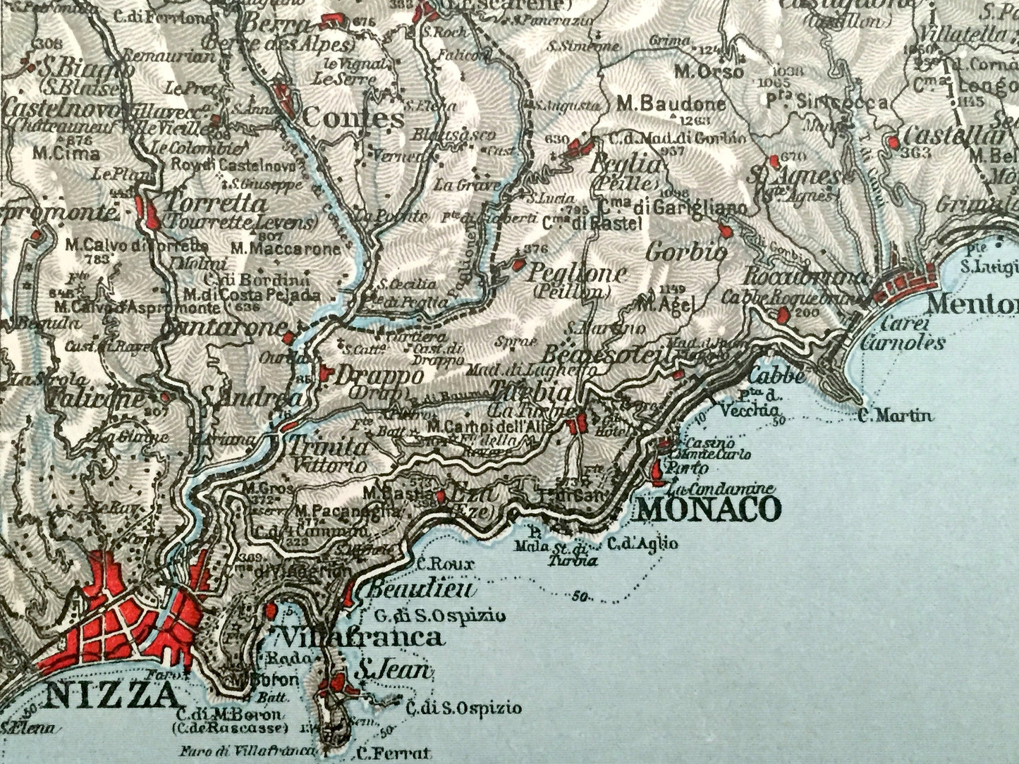 Antique 1937 Nice, France Map from Muirhead's Blue Guides & Baedekers – Monaco, Nizza, Bordighera, Italy, Imperai, French Riviera