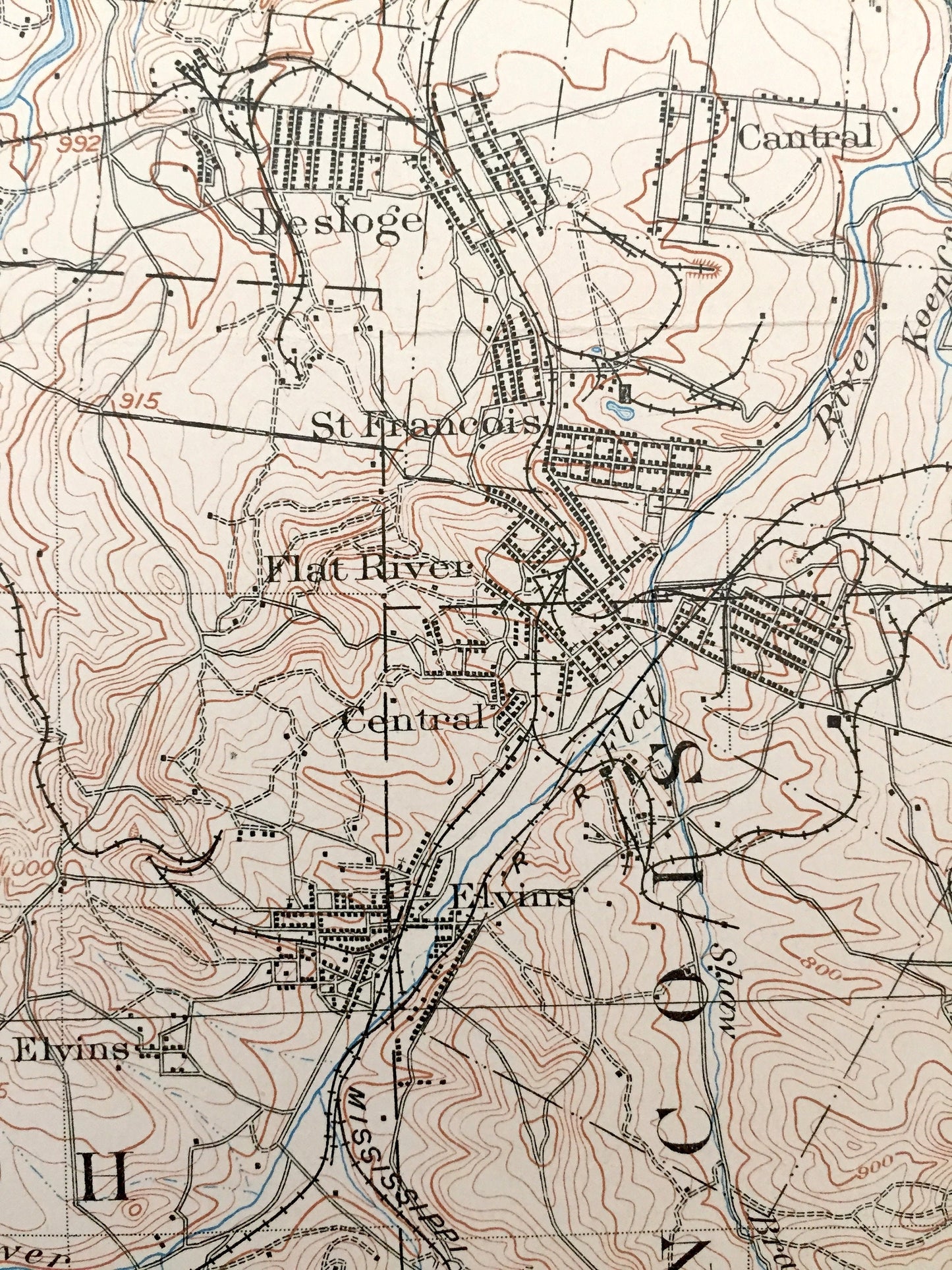 Antique Bonneterre, Missouri 1905 US Geological Survey Topographic Map – Washington, St Francois County, Desloge, Flat River, Central, MO