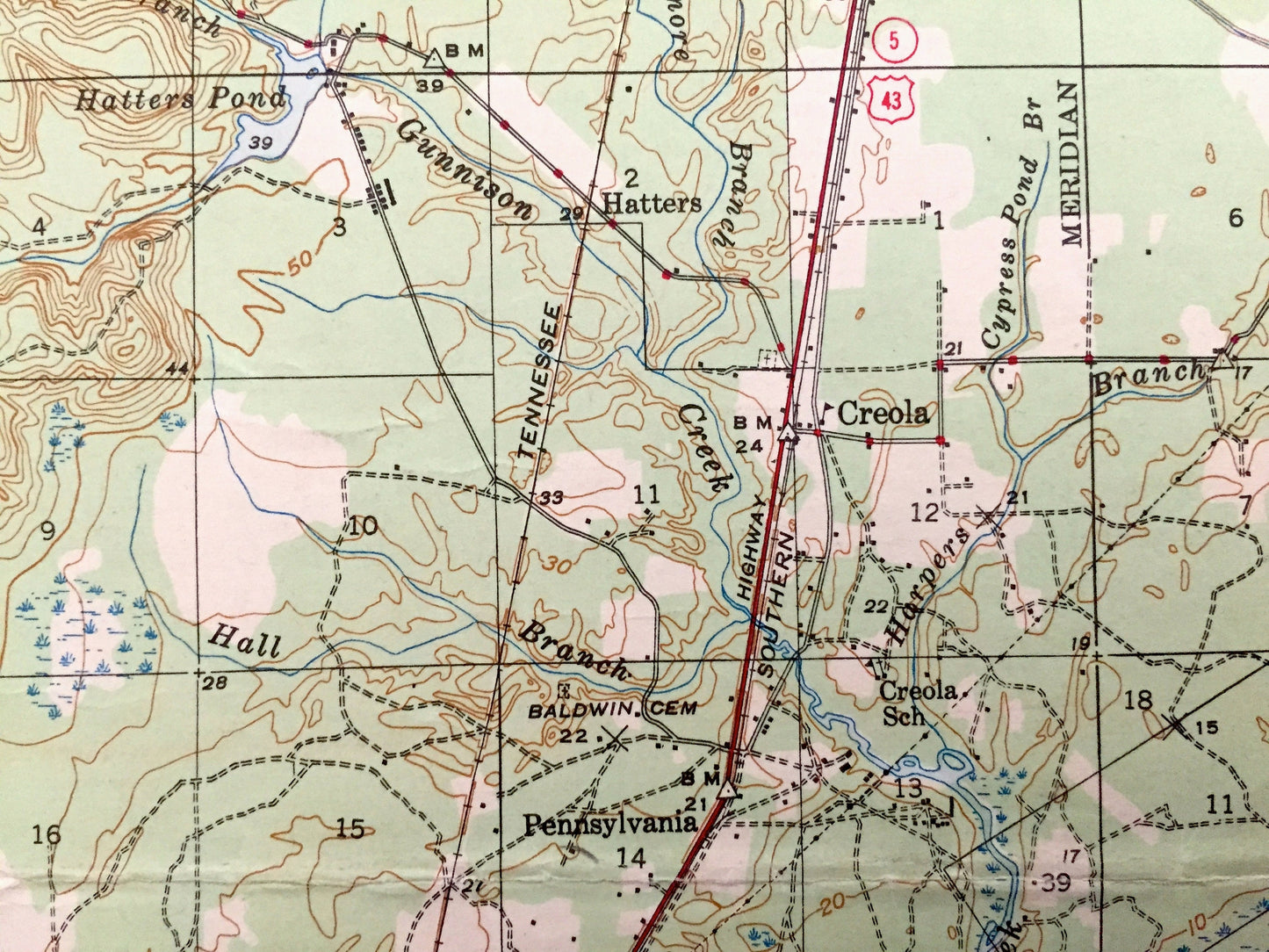 Antique Creola, Alabama 1943 US Geological Survey Topographic Map – Mobile County, Salco, Axis, Hatters, Saraland, Whistler, Smithtown, Akka