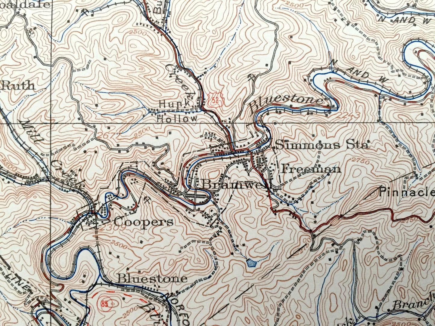 Antique Bramwell, West Virginia 1924 US Geological Survey Topographic Map – Mercer County, Northfork, Bluestone, Rolfe, McDowell, Clear Fork