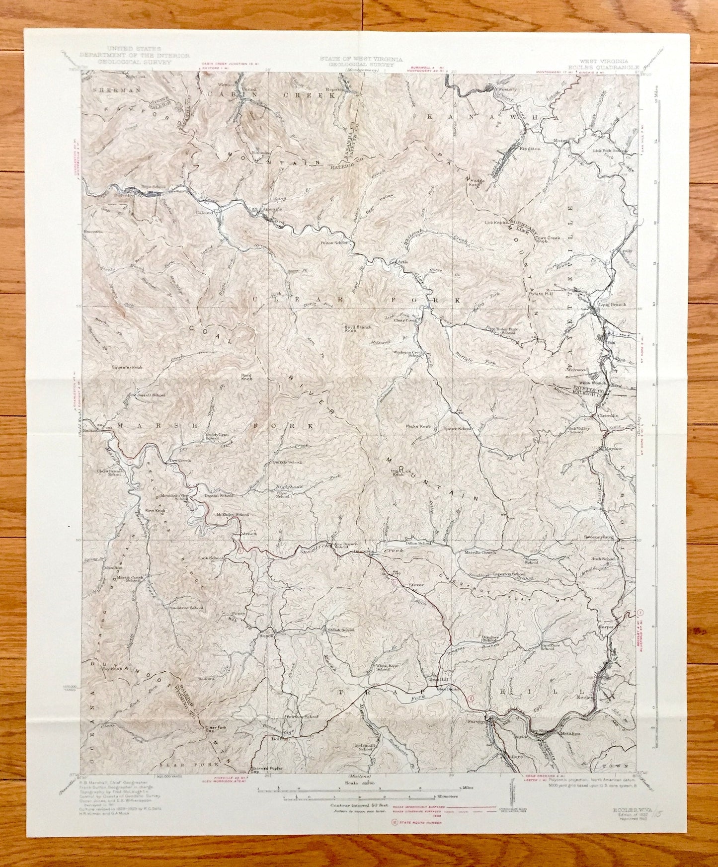 Antique Eccles, West Virginia 1932 US Geological Survey Topographic Map – Raleigh County, Kingston, Posey, Sherman, Oceana, Clear Fork, Town